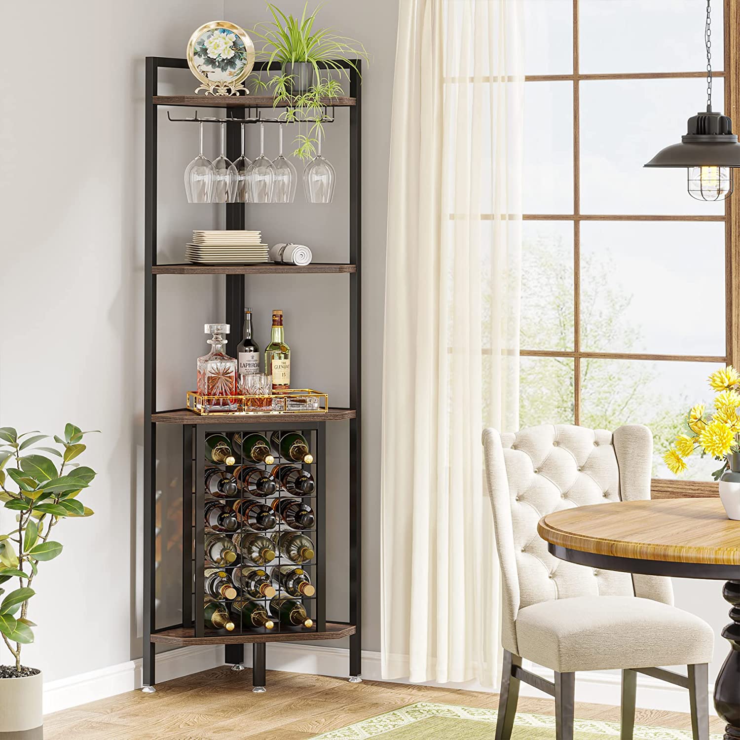 4 Tier Corner Wine Rack with Glass Holder & Storage Shelves - Space Saving Wine Storage for Kitchen, Bar, Dining Room & Home Decor