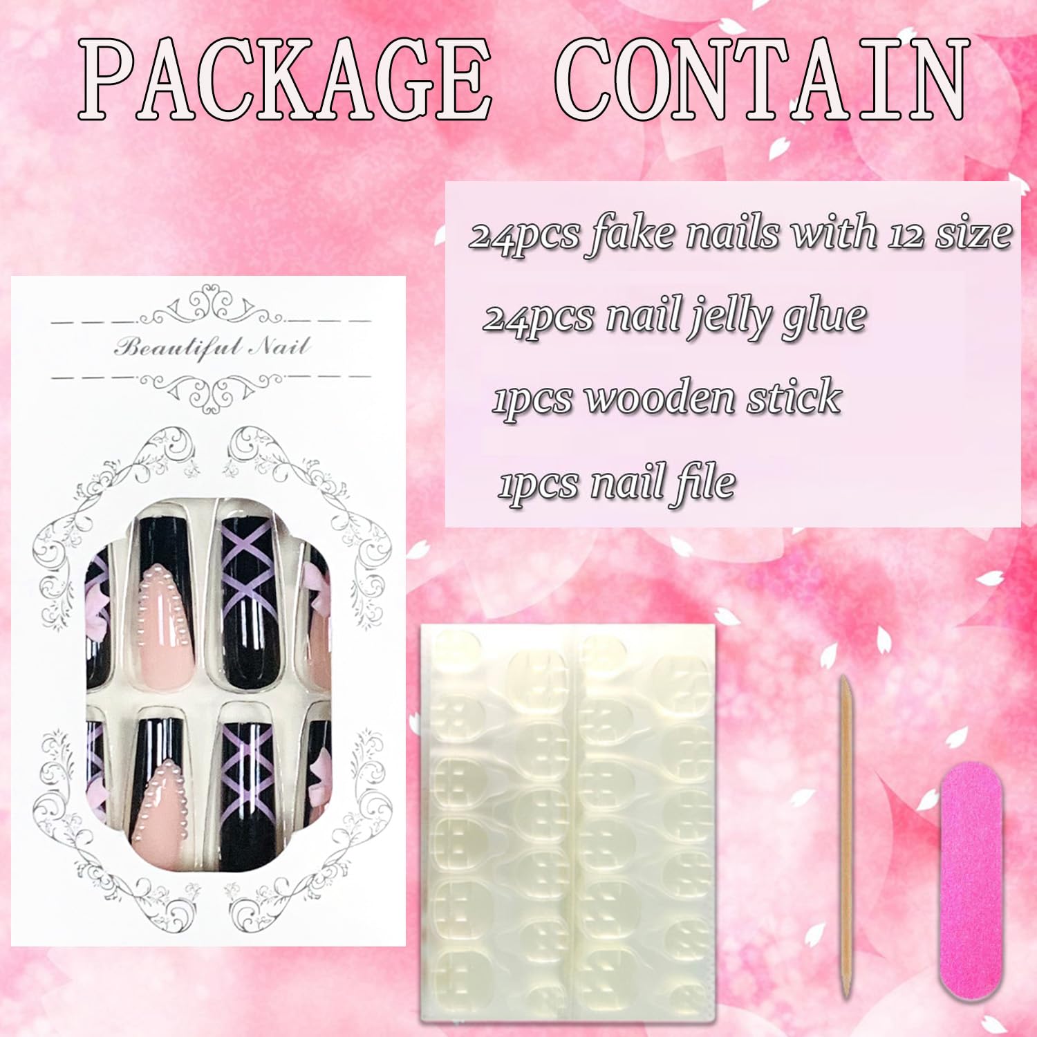 Black Glossy Coffin Press On Nails - Long Acrylic False Nails with Pink Bow Designs & Charm | Full Cover Artificial Nails with Glue | Perfect for Parties, Weddings & Special Occasions