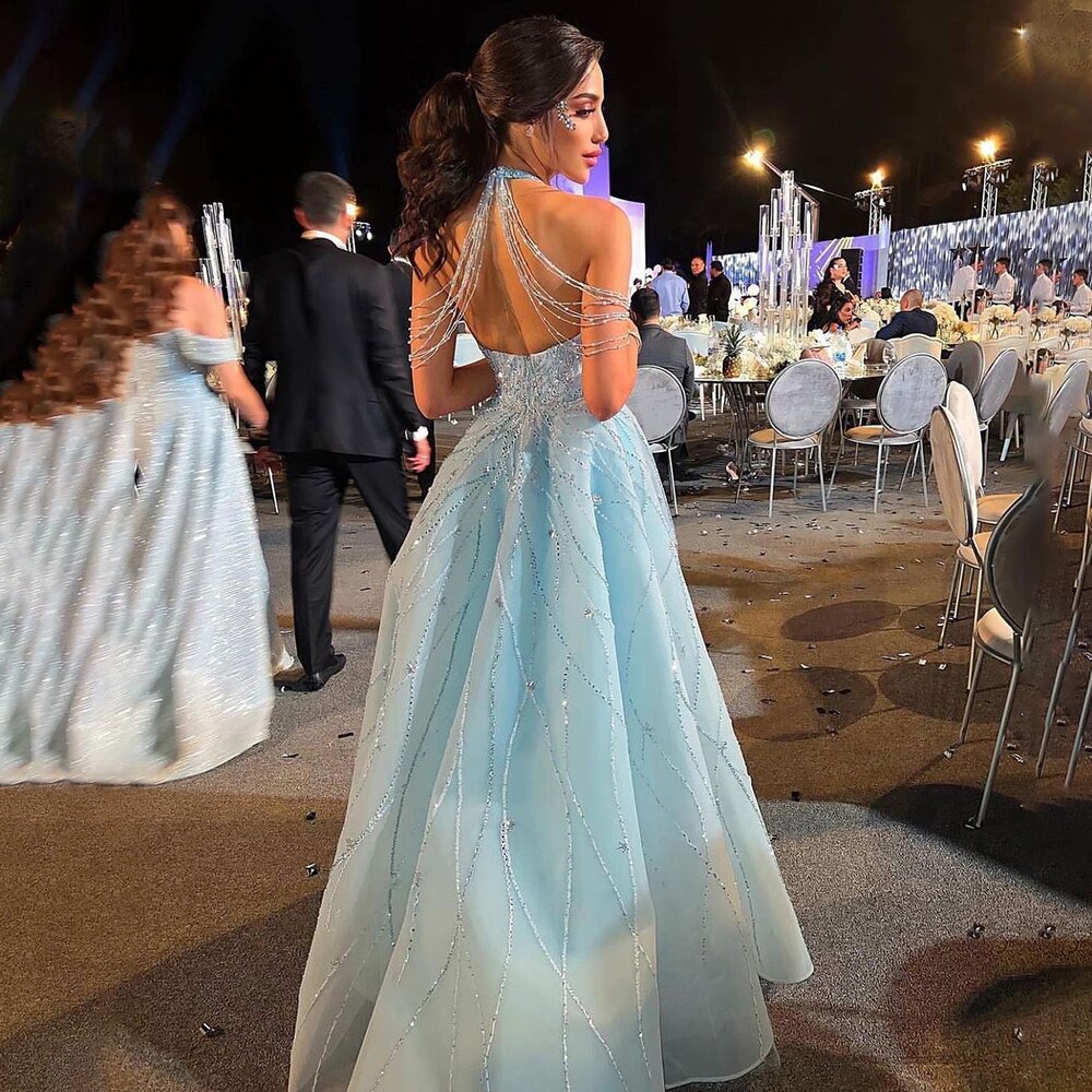 Serene Hill Blue Halter Sleeveless Mermaid Evening Gown with Beaded Overskirt - Women's Elegant Formal Party Dress LA72054 | Perfect for Prom, Gala & Wedding Events