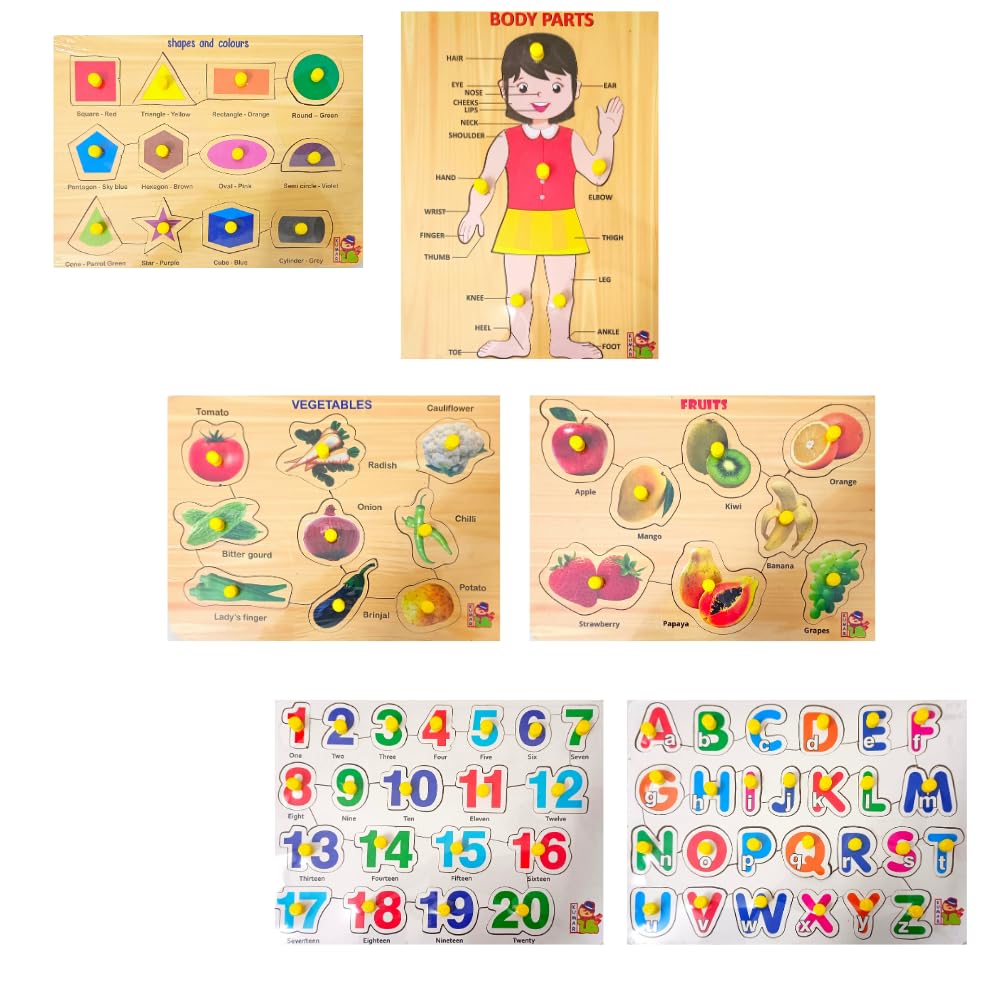 Wooden Learning Boards & Puzzles for Kids 3+ Years - Educational Toys Set with Shapes, Body Parts, Vegetables, Fruits, Numbers 1-20 & Alphabet (ABCD) - Perfect for Toddler Montessori Learning, Preschool Activities & Family Game Night