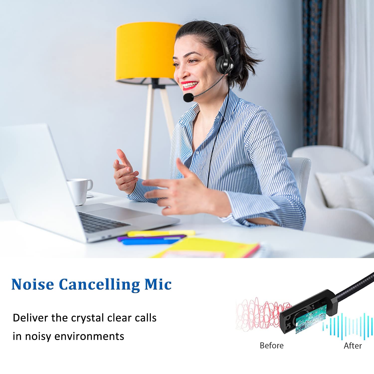 Noise Cancelling USB Headset with Microphone for PC & Mac - Wired Computer Headphones for Call Center, Office, Classroom, Skype, Zoom - Perfect for Remote Work, Online Meetings & Gaming
