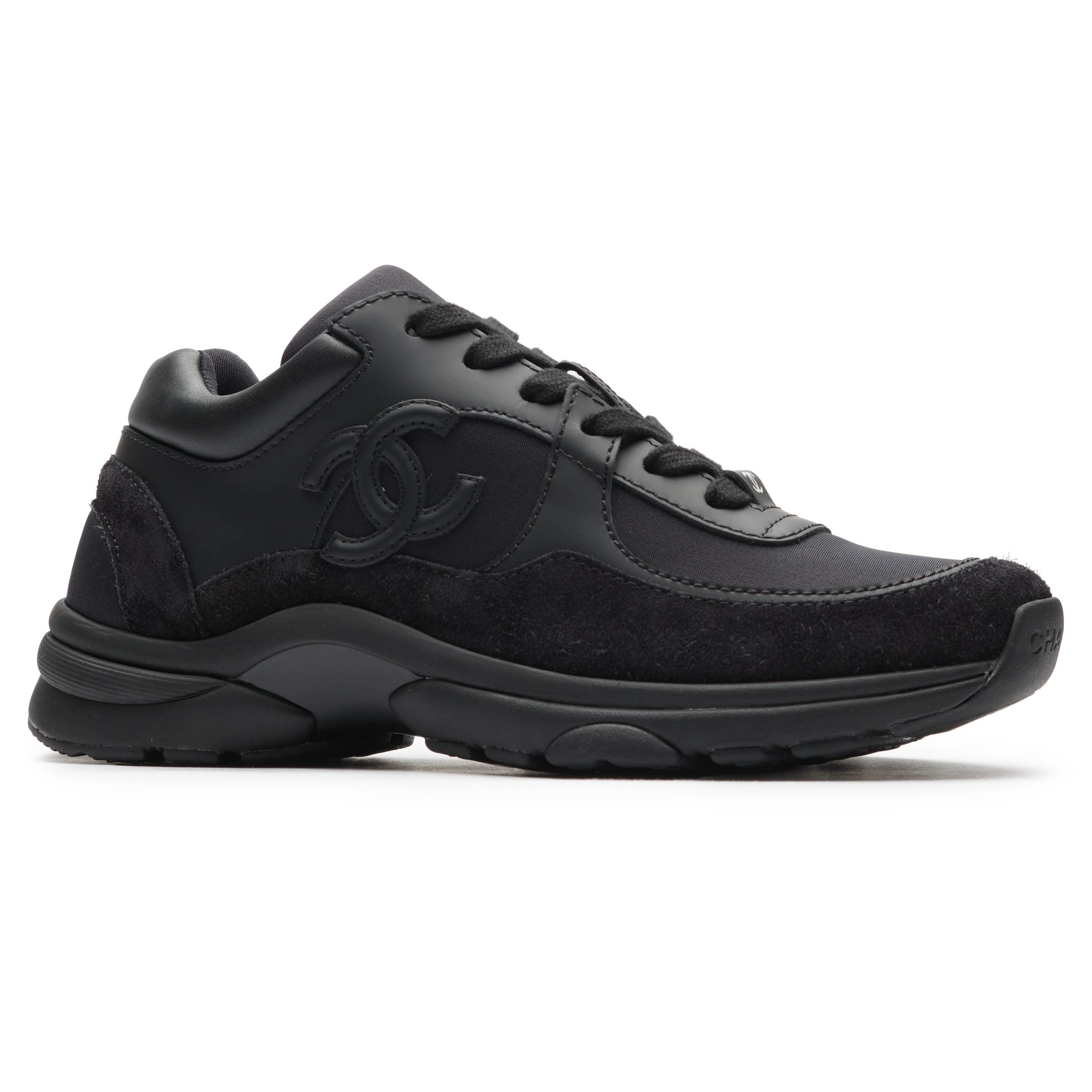 Chanel CC Logo Suede Triple Black Sneakers - Authentic Pre-Owned Luxury Shoes for Women | Perfect for Casual Outfits, Street Style & Fashion Events