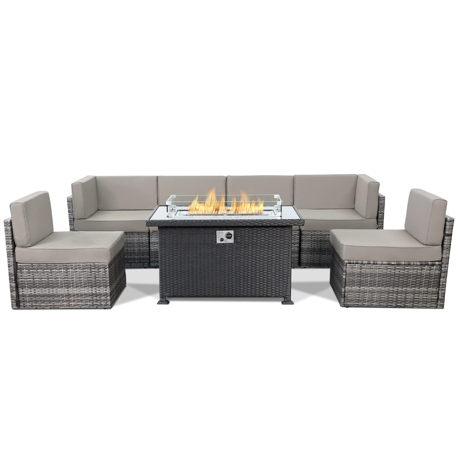 Esright 7-Piece Outdoor Patio Furniture Set with Propane Fire Pit Table - CSA Certified Grey Cushions & Black Table - Perfect for Backyard, Garden, Poolside & Outdoor Entertaining