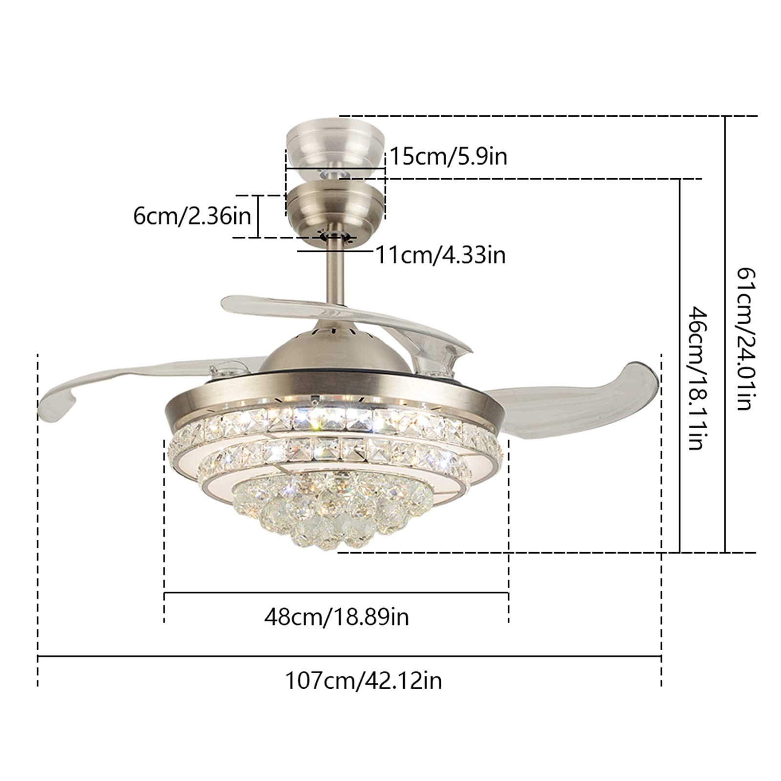42 Inch Retractable Crystal Ceiling Fan with Remote Control - 3 Speed LED Chandelier Fan, Ultra Quiet Modern Invisible Ceiling Fan Light for Living Room, Dining Room, Bedroom - Silver | Perfect for Home Cooling & Stylish Lighting