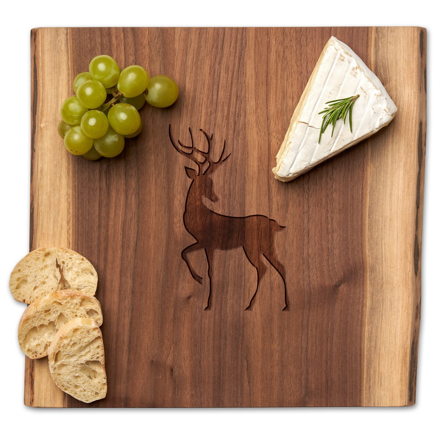 Premium Walnut Square Live Edge Wood Board - Natural Reindeer Design - 12