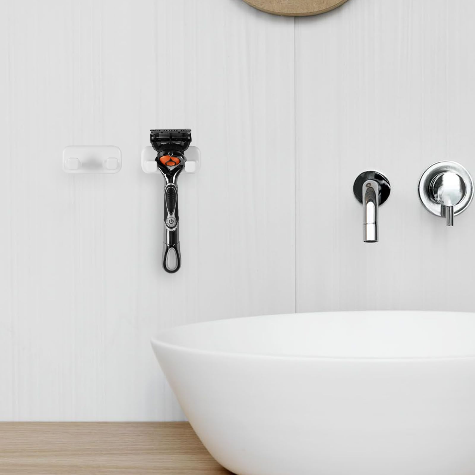 2 Pack Self-Adhesive Razor Holder & Shower Hook - Bathroom Organizer for Gillette Fusion 5, Sensor 3 Razors, Robes, Towels & Loofahs - Space Saving Shower Accessory for Small Bathrooms (White)