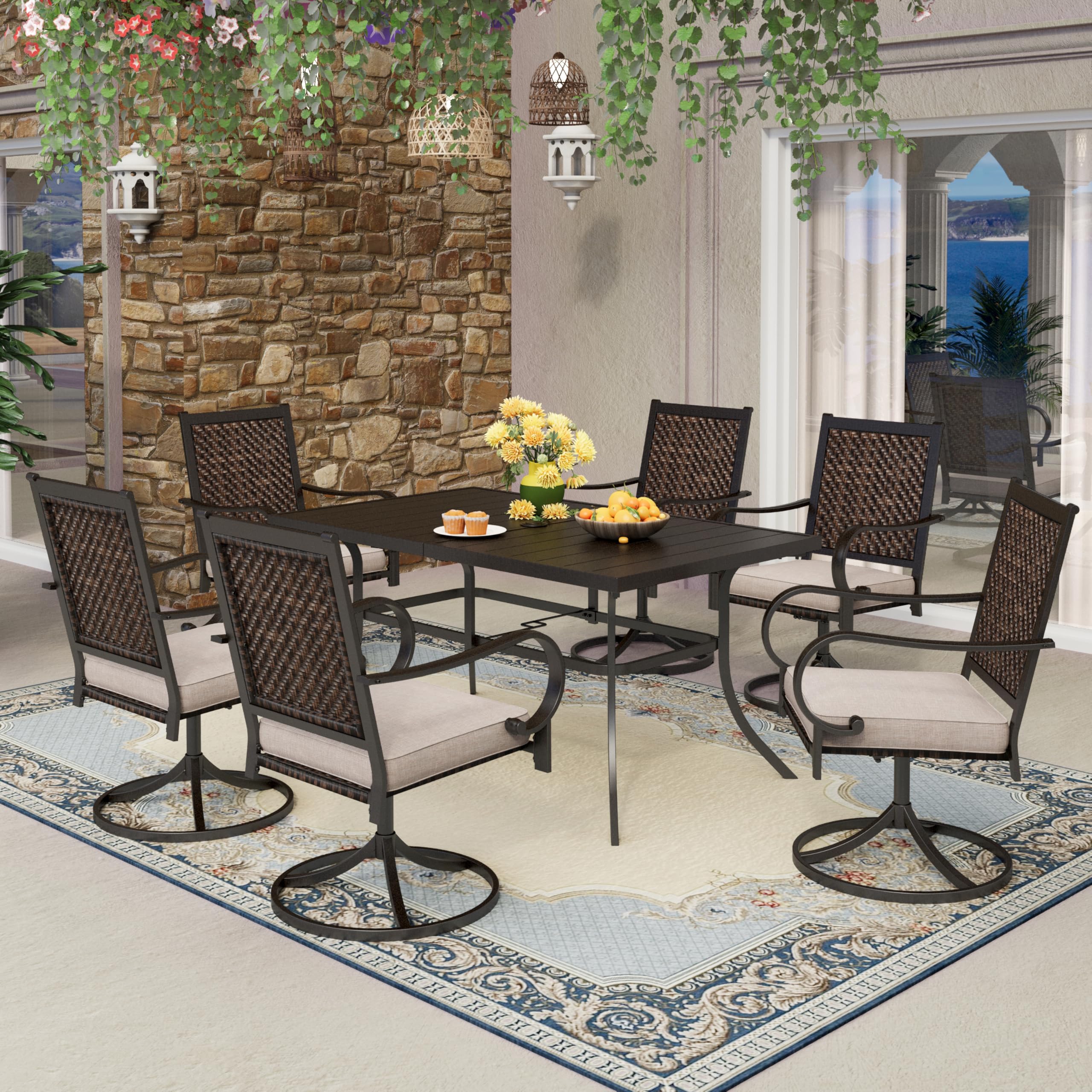MFSTUDIO 7-Piece Outdoor Patio Dining Set - Rectangular Metal Table with 6 Rattan Swivel Chairs & Adjustable Umbrella Hole - Perfect for Backyard, Garden, Poolside & BBQ Gatherings