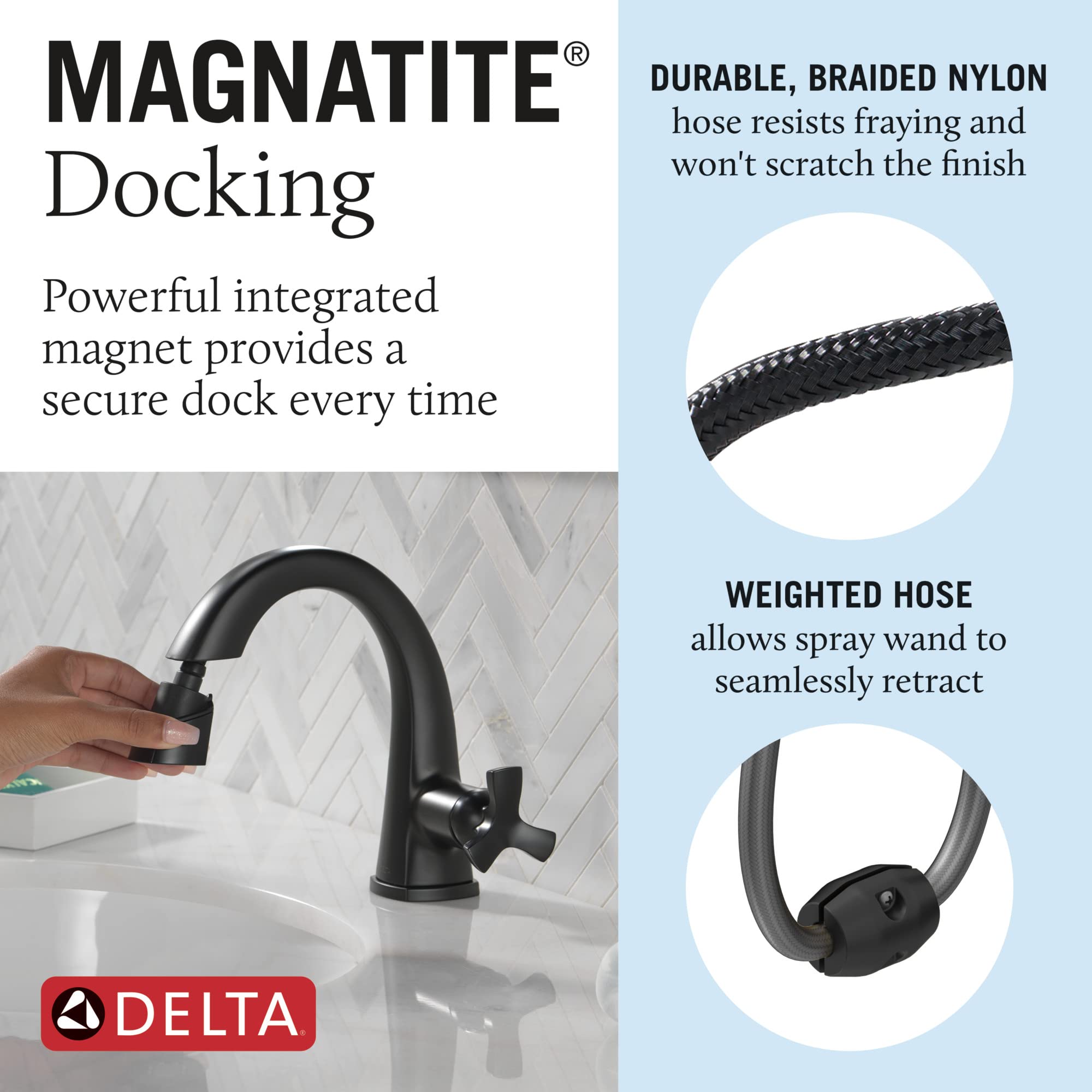 Delta 577-BLPD-DST Matte Black Single Hole Bathroom Faucet with Pull Down Sprayer & Magnetic Docking - Modern Bathroom Sink Faucet for Vanity, Powder Room, and Guest Bath Installation