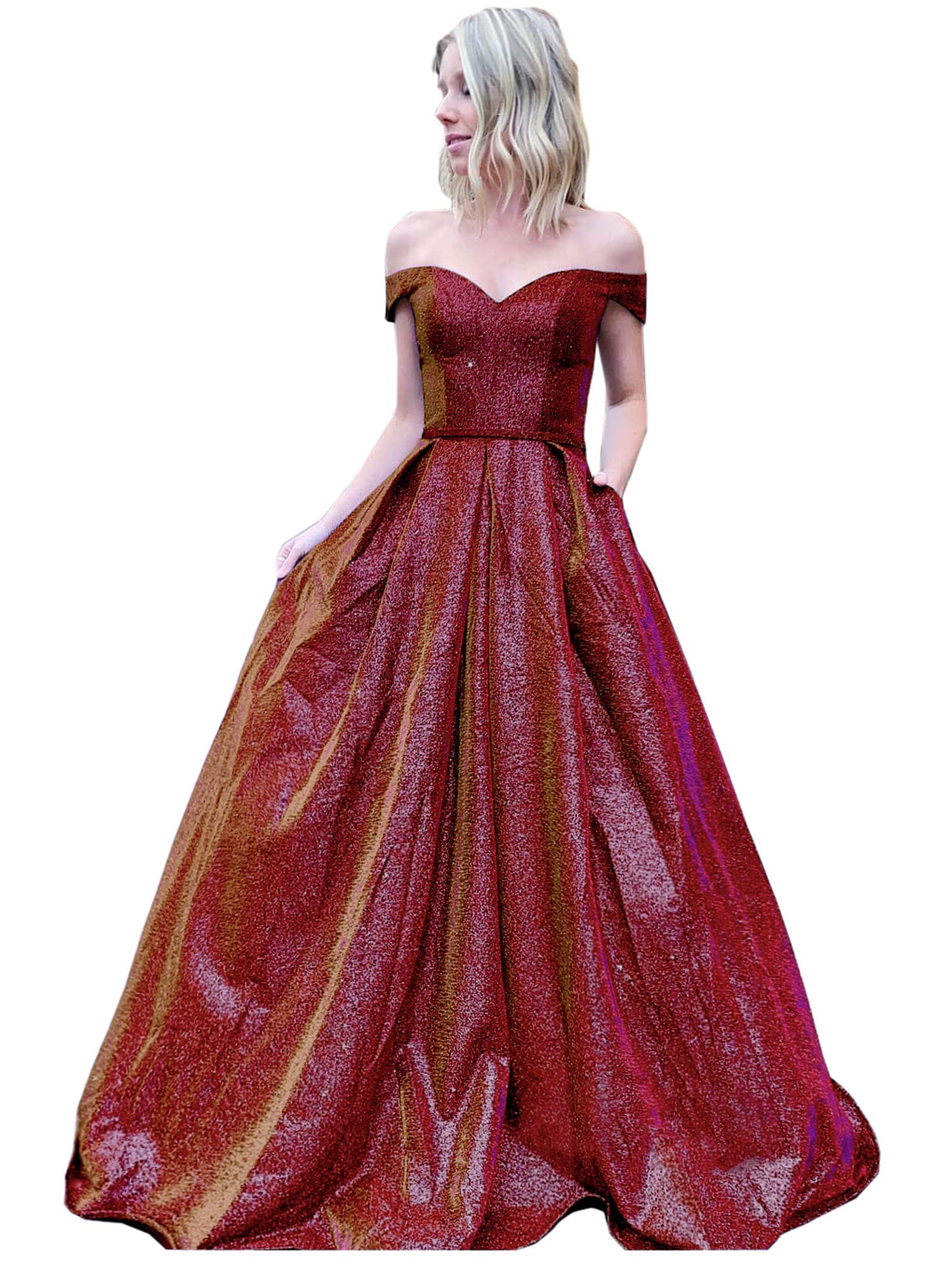 Elegant Off-the-Shoulder Glitter Prom Dress for Women - Formal Evening Gown with Pockets | Perfect for Homecoming, Wedding Guest, Cocktail Party & Special Occasions