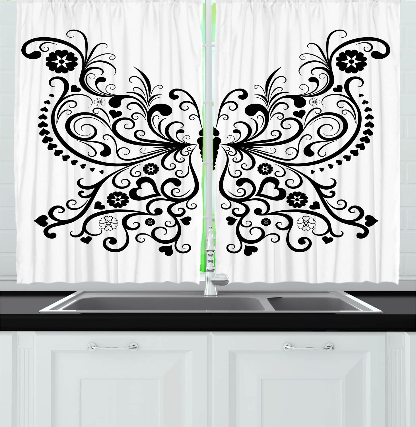 Ambesonne Animal Print Kitchen Curtains - Madam Butterfly Swirled Wings & Floral Design, 2 Panel Black & White Drapes with Rod Pocket, 55