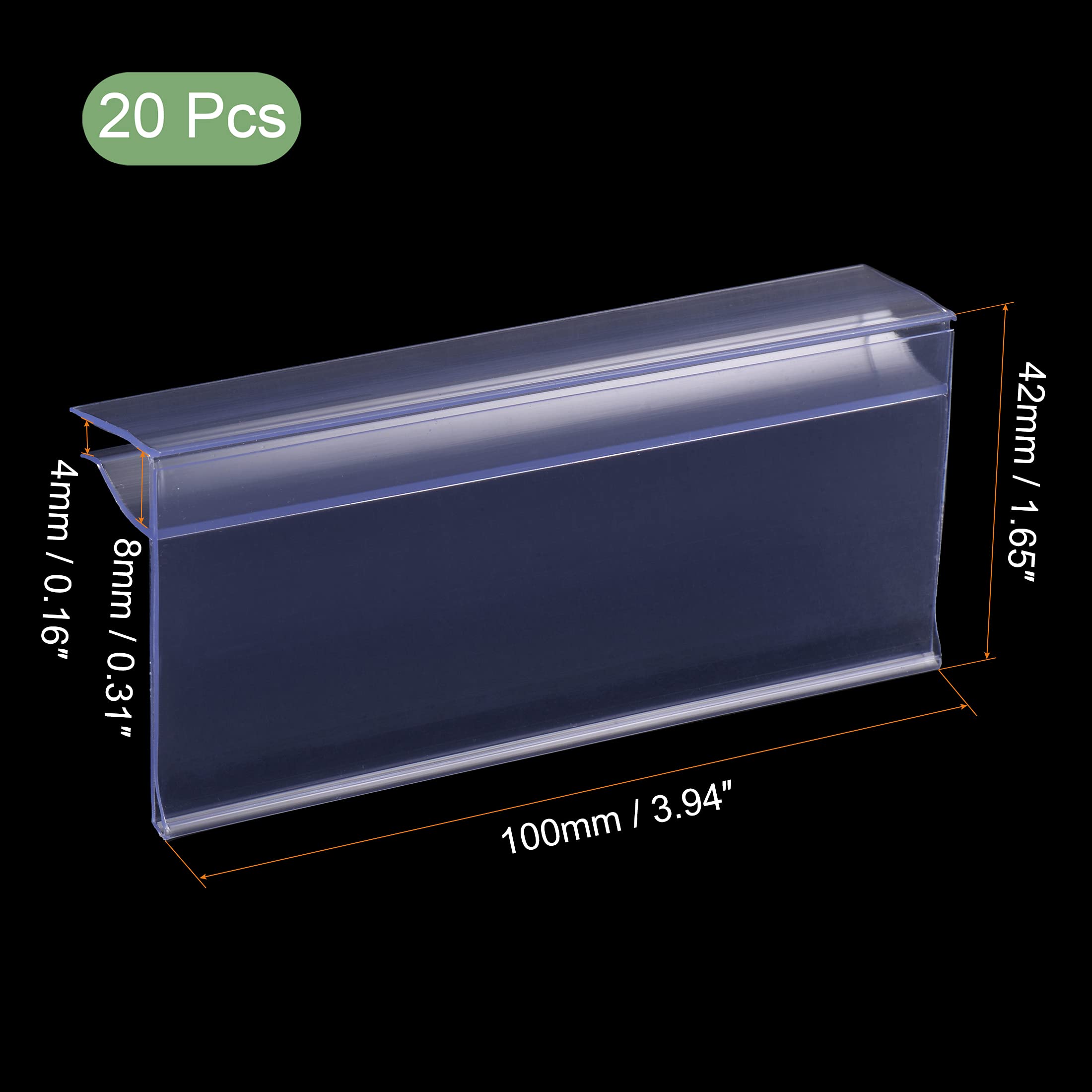 Meccanixity Clear Plastic Label Holder 100x42mm - Clip-On Shelf Organizer for 4-8mm Glass Shelving (Pack of 20) - Perfect for Retail Stores, Pantry Organization & Product Labeling
