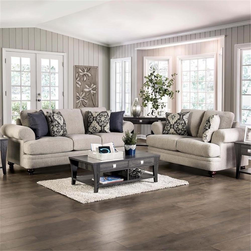 Furniture of America Herst Transitional Chenille Upholstered Loveseat in Beige - Comfortable Small Sofa for Living Room, Apartment & Office