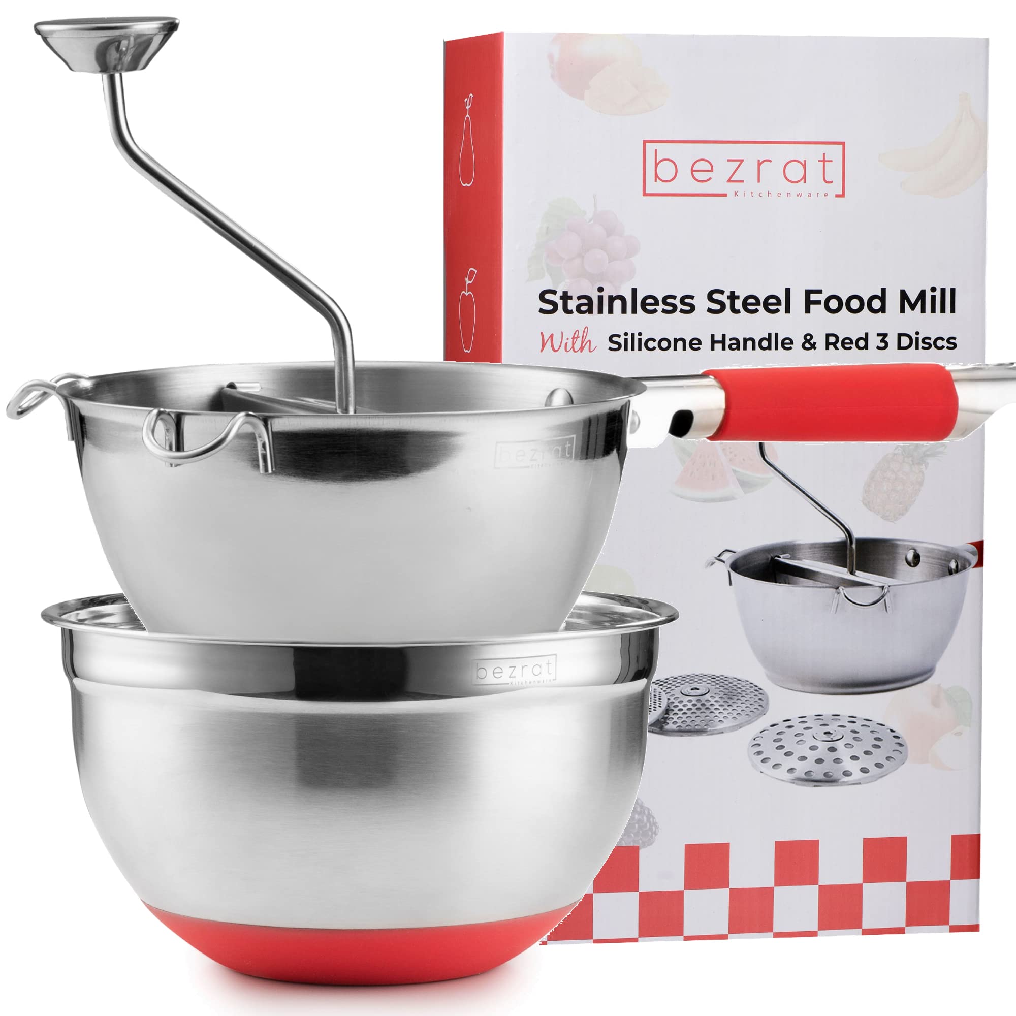 Bezrat 3-in-1 Food Mill with Stainless Steel Bowl - Potato Ricer for Mashed Potatoes, Hand Crank Grain Mill for Mashing Straining Grating Fruits Vegetables - Includes 3 Grinding Discs - Perfect for Baby Food Making, Kitchen Prep & Homemade Purees (Black)