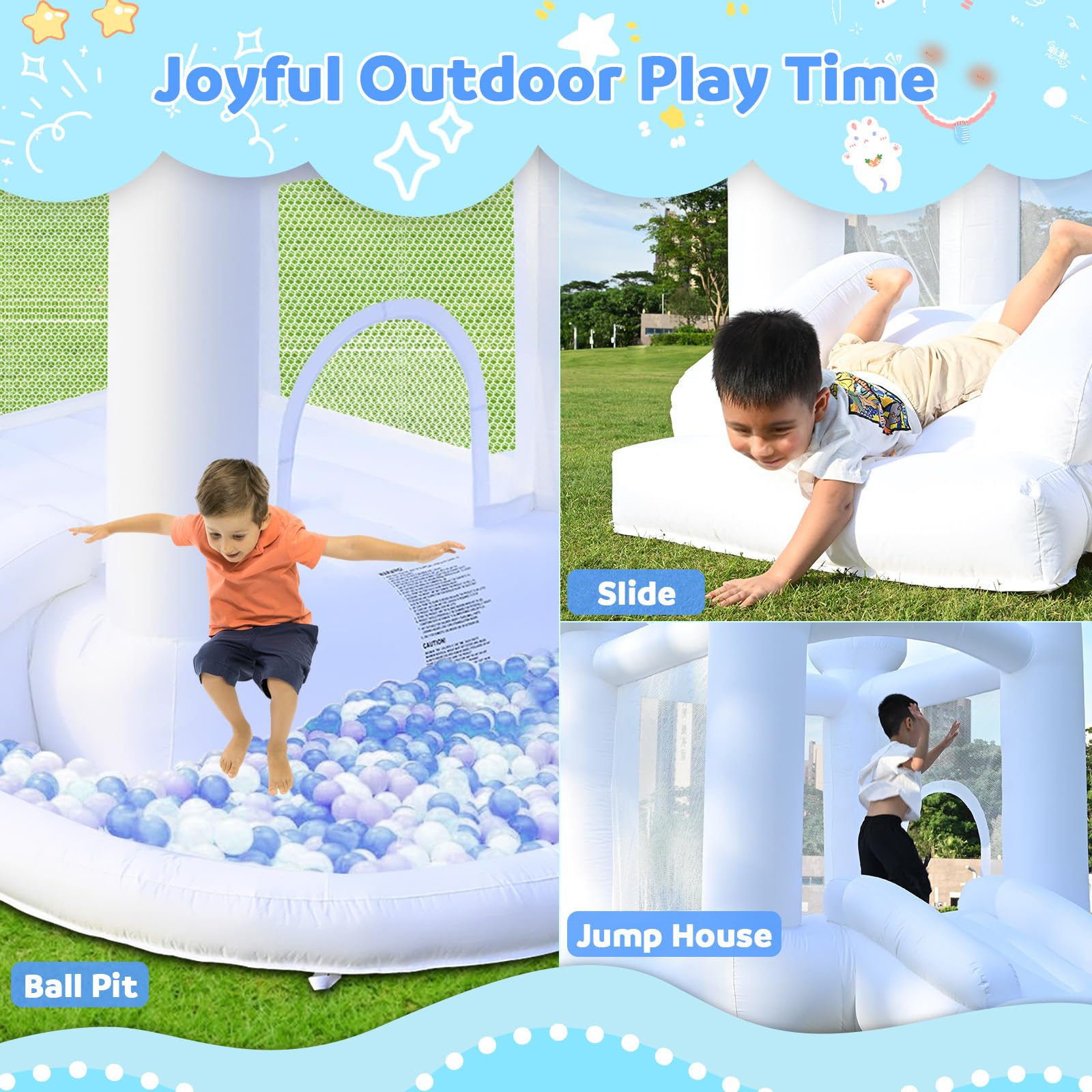 FOOING White Inflatable Bounce House with Air Blower - Jumping Castle with Ball Pit for Kids | Outdoor Party, Birthday, Wedding & Backyard Fun | Easy Setup & Safe Family Entertainment