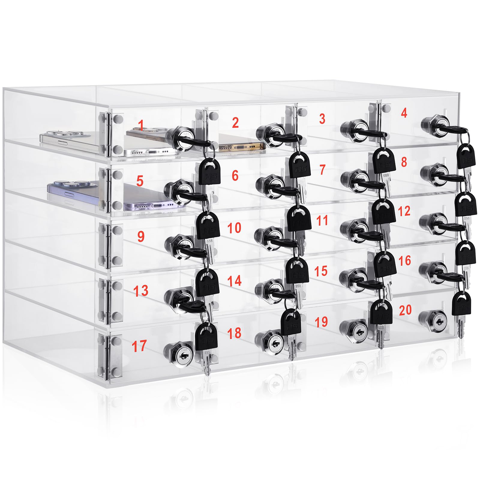 20-Slot Clear Acrylic Cell Phone Locker Box with Door Lock - Secure Phone Storage Cabinet for Classroom, School, Office & Workplace - Perfect for Students, Teachers & Employees to Organize Devices Safely