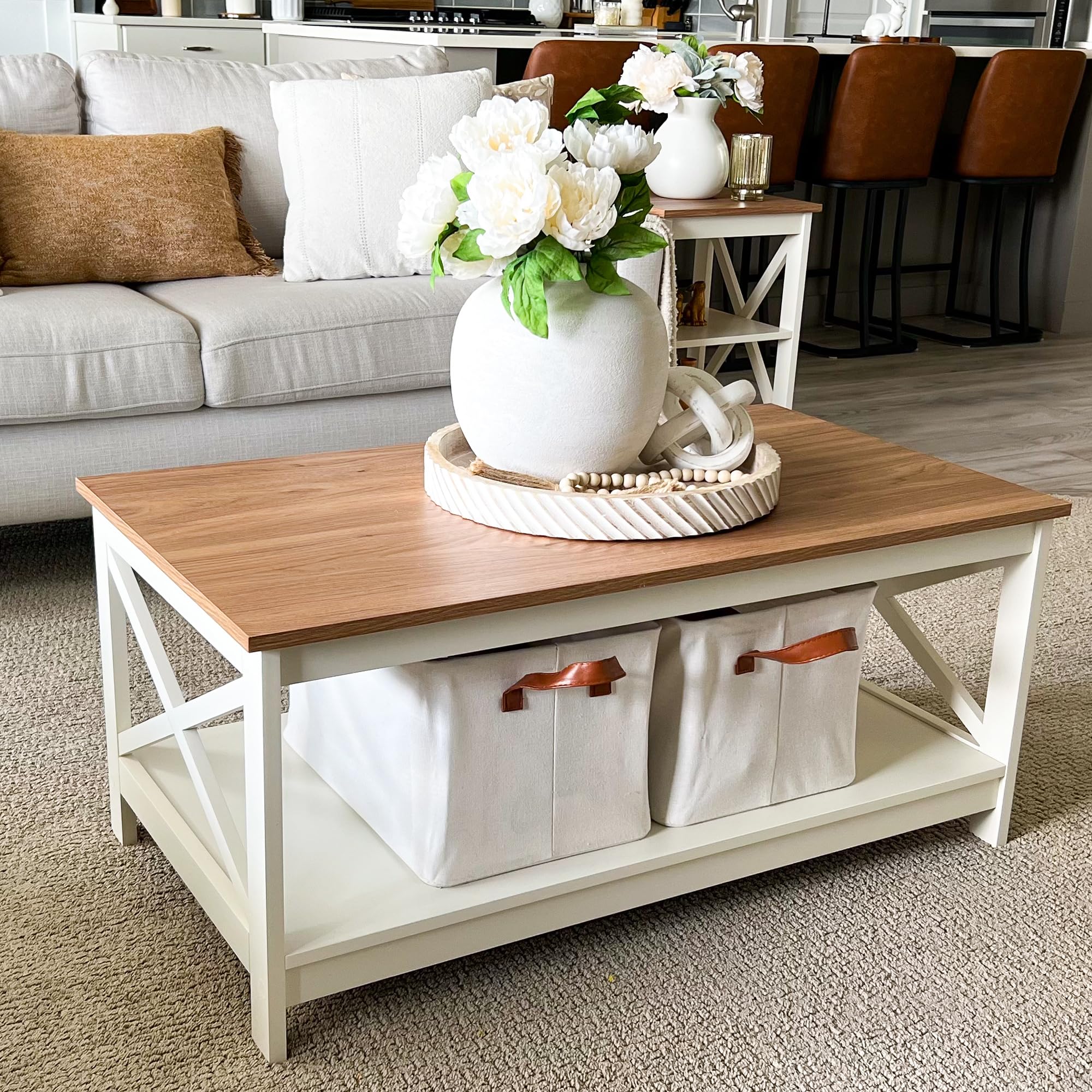 Modern Coffee Table with Storage - 2-Tier Farmhouse Style Living Room Table, PHI VILLA Rustic Wooden Coffee Table for Small Spaces | Perfect for Home Decor, Family Gatherings & Coffee Time
