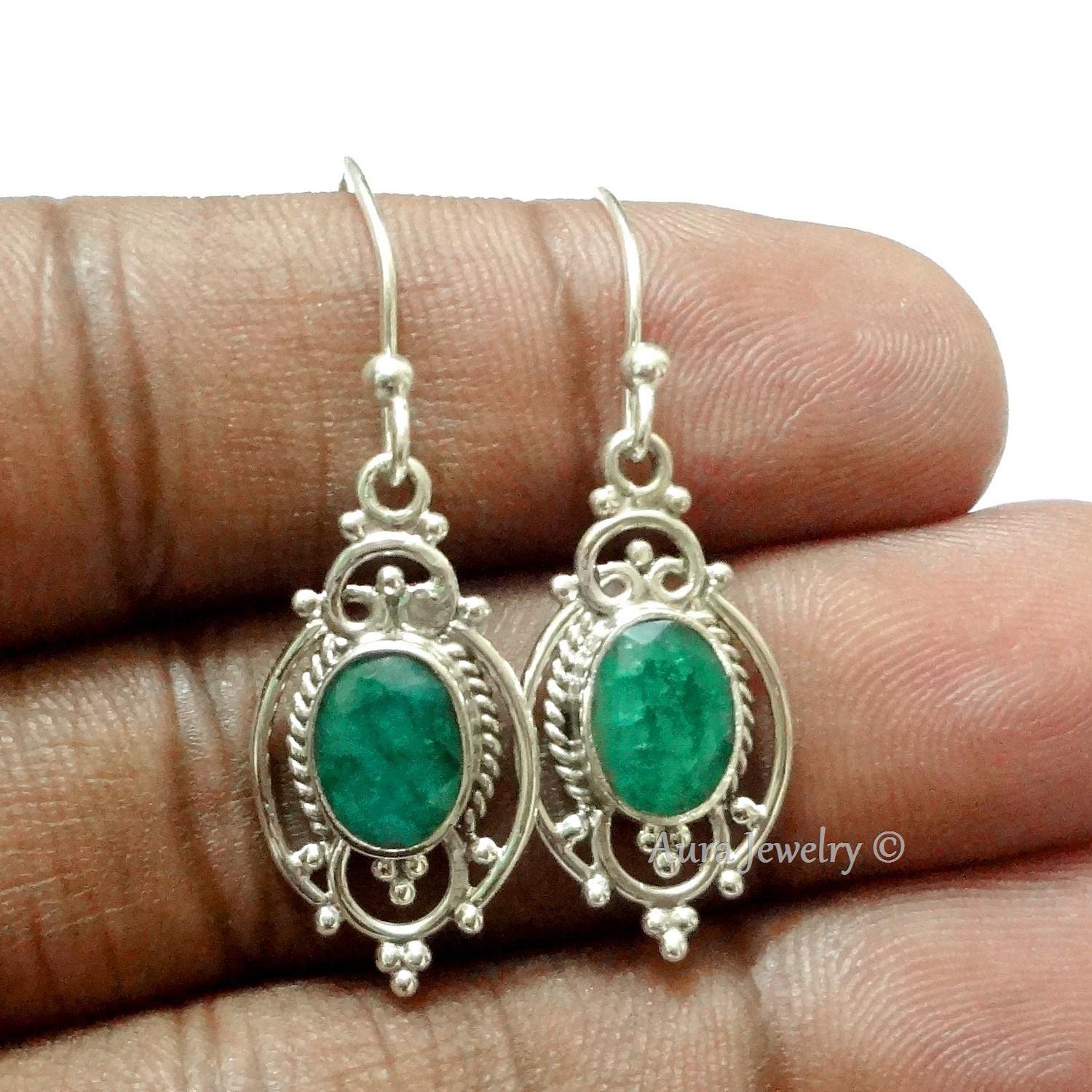 925 Sterling Silver Emerald Dangle Earrings for Women - May Birthstone, Bezel Set Oval Green Gemstone, Hypoallergenic Handmade Jewelry | Perfect Christmas Gift, Birthday Present & Special Occasion Accessory