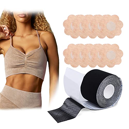 Boob Tape Kinesiology Tape - Waterproof Body Tape for Sports & Breast Support - Elastic Therapeutic Physio Tape with 10 Petals (1 Roll, Black) - Perfect for Workouts, Dresses & Post-Surgery Support