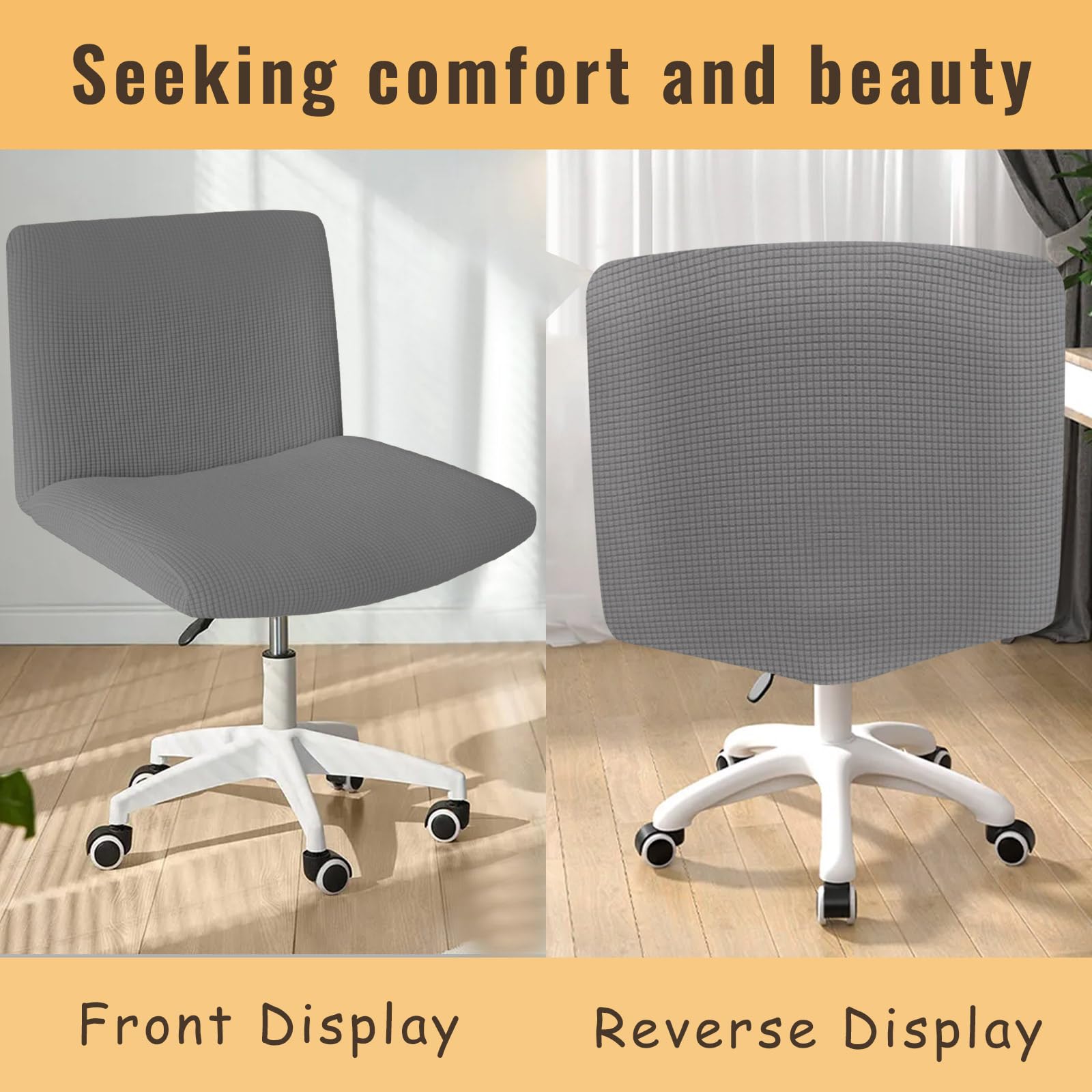 Armless Office Chair Cover - Stretch Knitted Jacquard Slipcover Protector for Wide Seat Chairs, Computer Desk & Vanity Accent Chairs (Grey) - Perfect for Home Office, Study Room & Workspace Decor