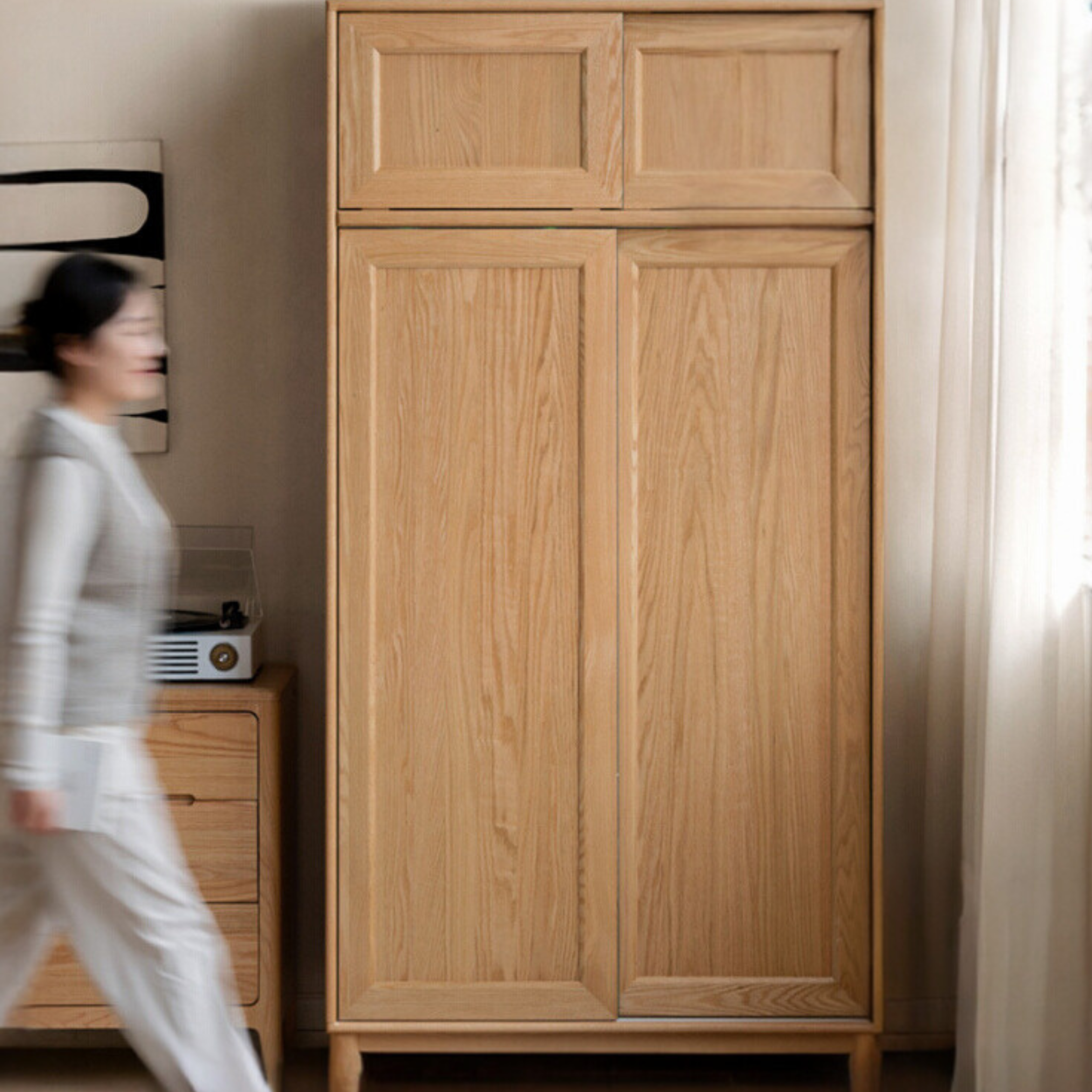 Solid Oak Wood Sliding Door Wardrobe Closet - Modern & Spacious Storage for Bedroom, Living Room, or Walk-In Closet