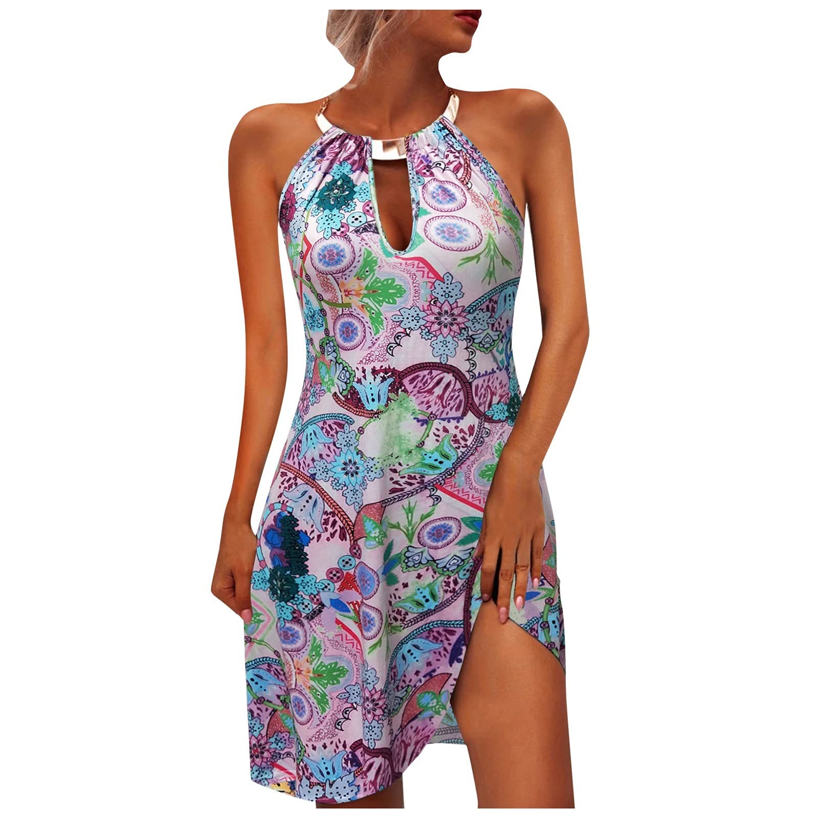 Boho Sleeveless Mini Dress for Women - Round Neck Hollow Print Casual Summer Dress | Perfect for Beach, Vacation, and Everyday Wear
