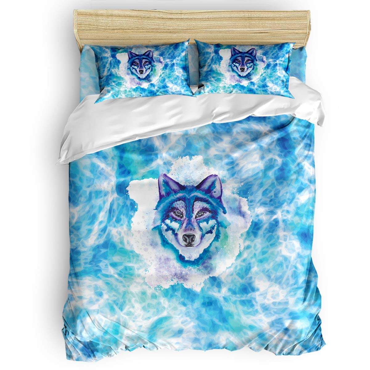 Premium Queen Size Kids Duvet Cover Set - Watercolor Wolf Design Blue Animal Print Bedding for Boys & Girls (1 Comforter Cover + 1 Flat Sheet + 2 Pillowcases) - Perfect for Children's Bedrooms, Sleepovers & Nursery Decor