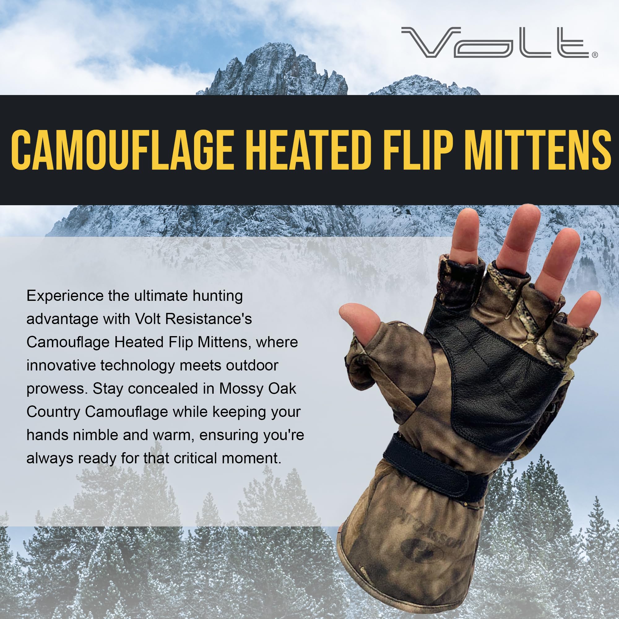 Volt Camouflage Rechargeable Heated Flip Mittens - Battery Powered Hand Warmers - Convertible Fingerless Gloves for Men & Women - Perfect for Skiing, Hiking & Winter Outdoor Activities
