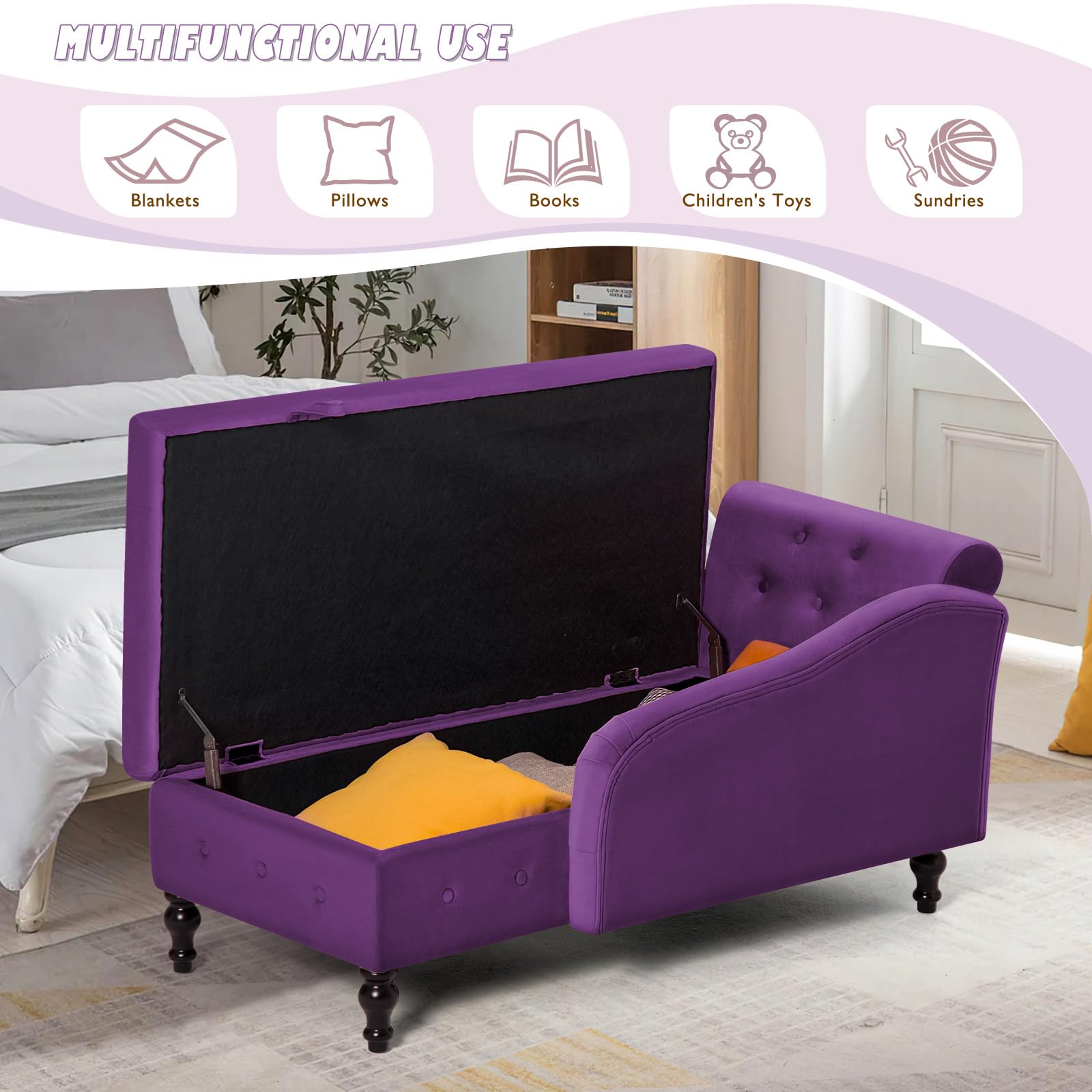 Luxury Upholstered Chaise Lounge with Left Armrest & Lumbar Support - Button Tufted Velvet Sofa with Storage - Modern Lounge Chair for Bedroom, Living Room & Office (Purple) - Perfect for Relaxation, Reading & Small Space Decor