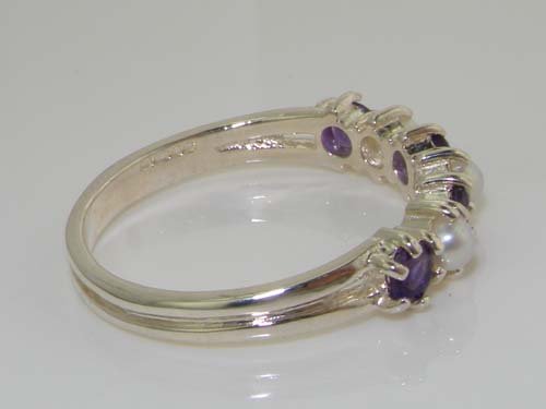 Solid Sterling Silver Ring with Natural Amethyst & Pearl - Elegant Ladies Eternity Band for Wedding, Anniversary & Special Occasions