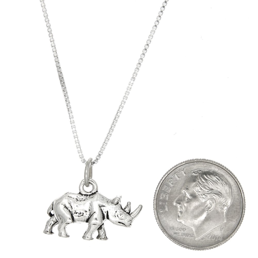 Sterling Silver Oxidized 3D Walking Rhinoceros Pendant Necklace with Polished Box Chain - Perfect for Animal Lovers & Unique Jewelry Gifts