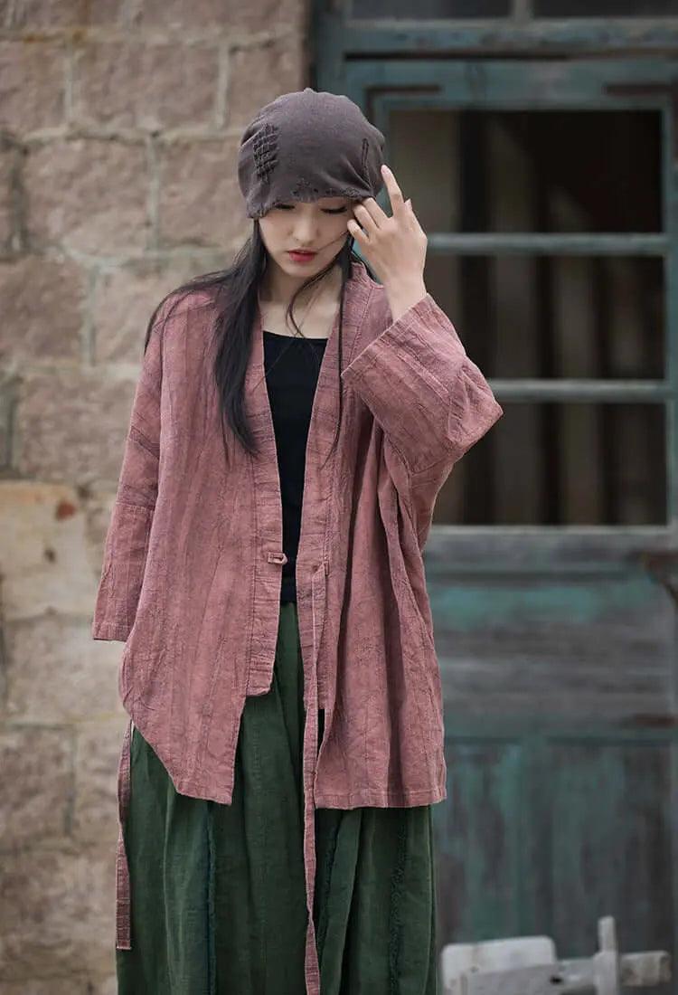 Women's Linen Asymmetrical Summer Coat with Breast Tie - Lightweight Beach Cover Up, Boho Chic Outerwear for Vacation & Casual Outings