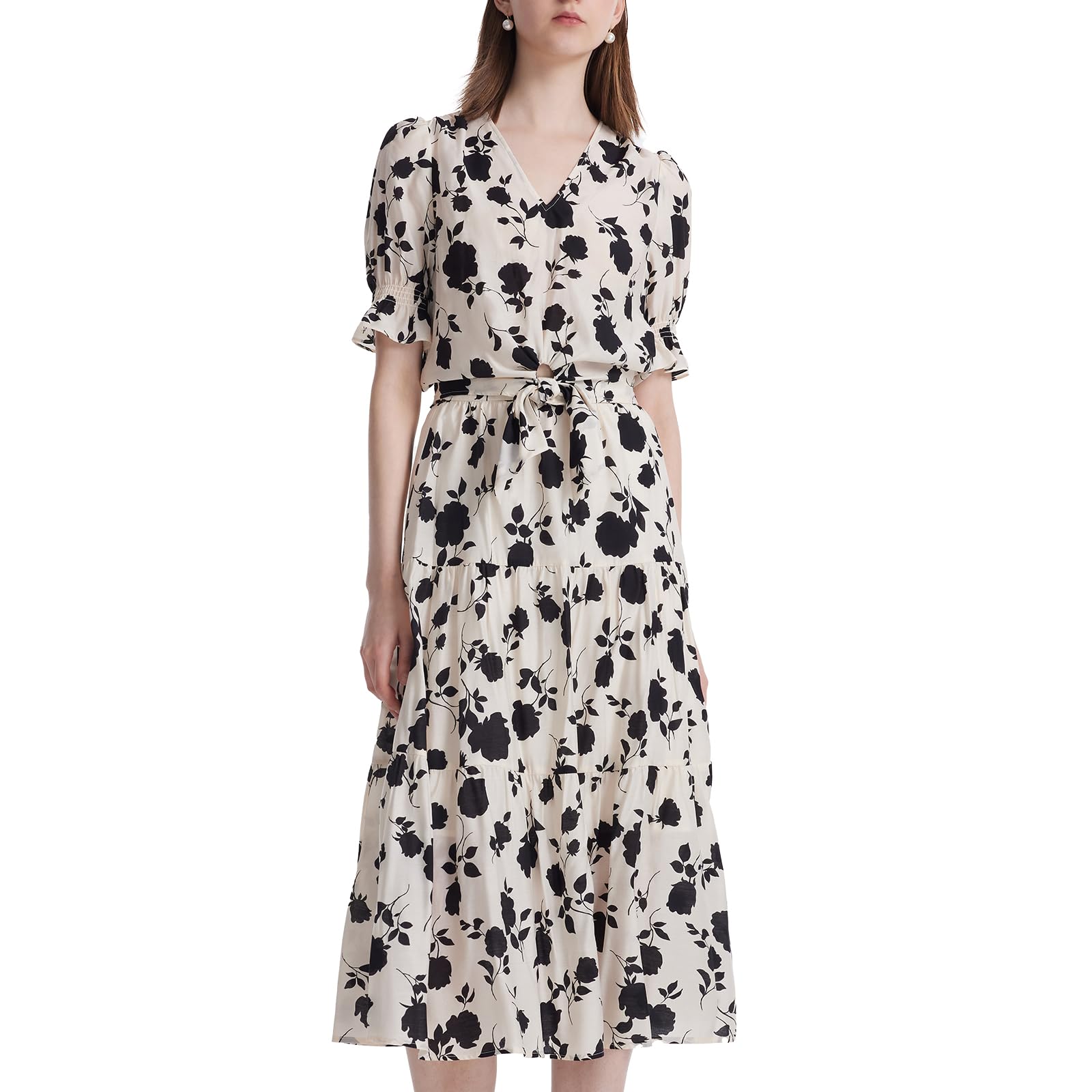 2 Piece Skirt Sets for Women - Classic Business Outfits with Puff Sleeve V-Neck Blouse & Maxi Skirt | Rose Printed Acetate Fabric | Office Wear, Formal Occasions & Professional Events