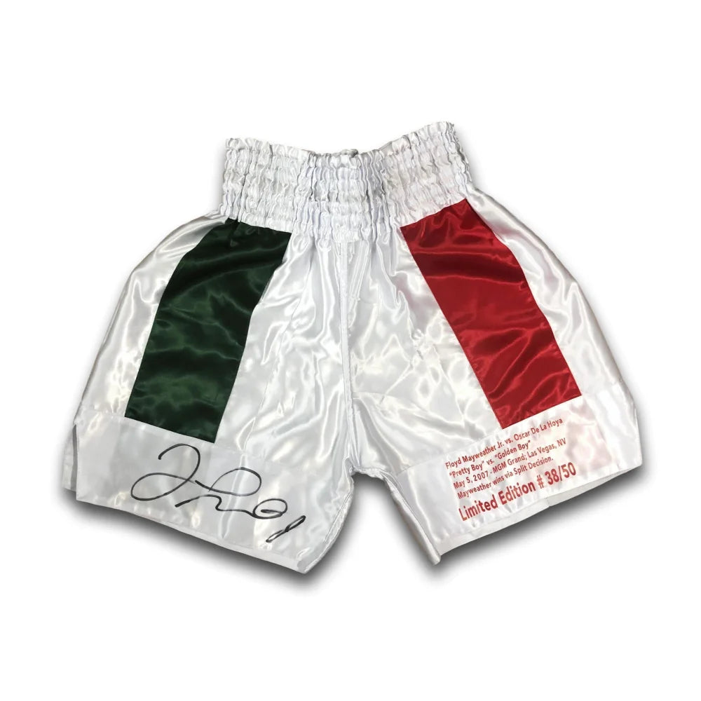 Floyd Mayweather Jr Signed vs. Oscar De La Hoya Boxing Trunks #D 38/50 with JSA COA & Fight Stats - Authentic Collectible for Boxing Memorabilia Fans & Sports Decor