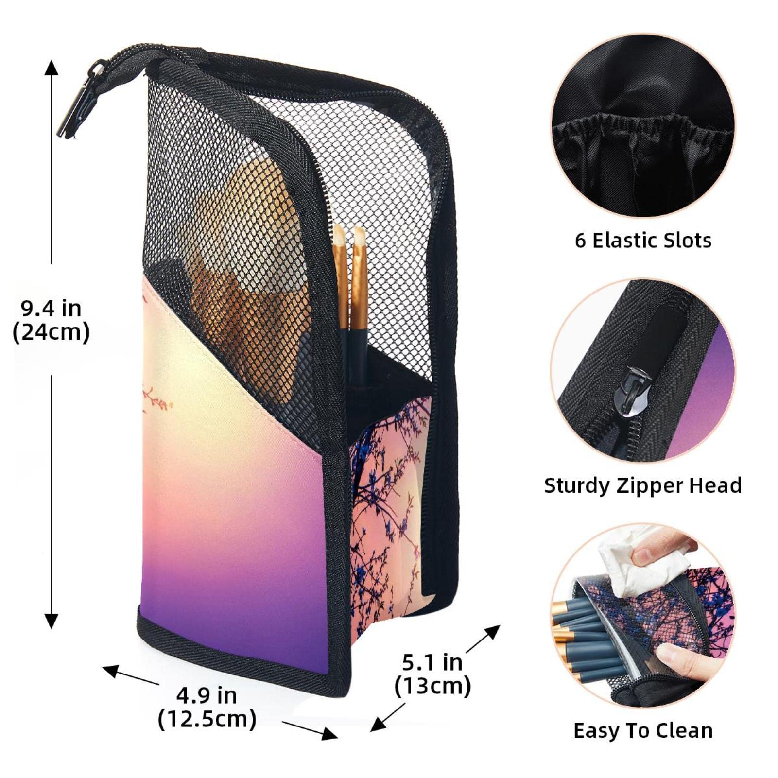 Premium 12-Piece Makeup Brush Organizer Bag with Floral Tree Sunset Design - Portable Travel Cosmetic Brush Holder Case for Professional Artists & Home Use