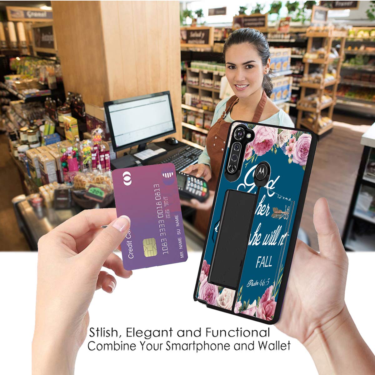 Premium Dual Layer Protective Case for Moto G Stylus/G Power/G8 Power - Wallet & Credit Card Holder with ID Slot - Pink Floral Design with Psalm 46:5 Bible Verse - Perfect for Daily Use & Travel Protection