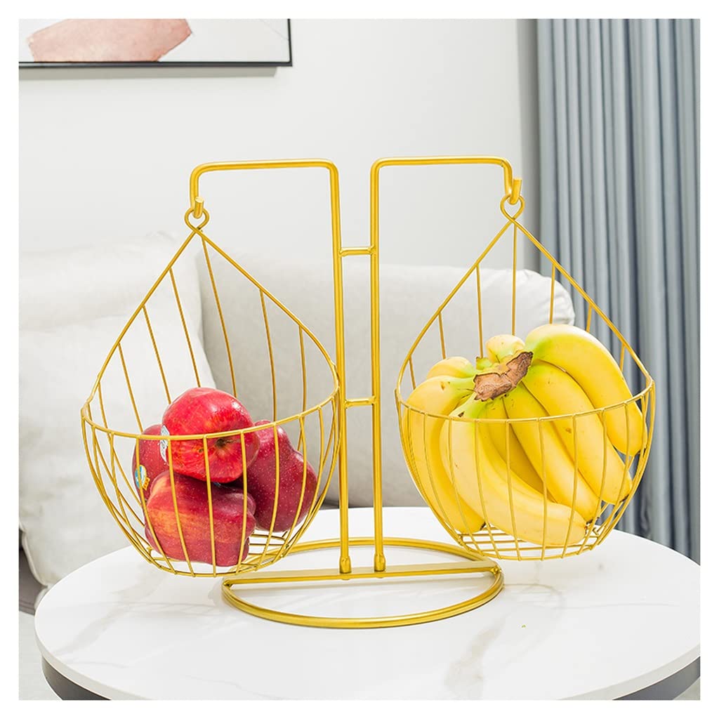 Gold Metal Fruit Bowl with Banana Hanger - Detachable Kitchen Storage for Snacks & Countertop Organization