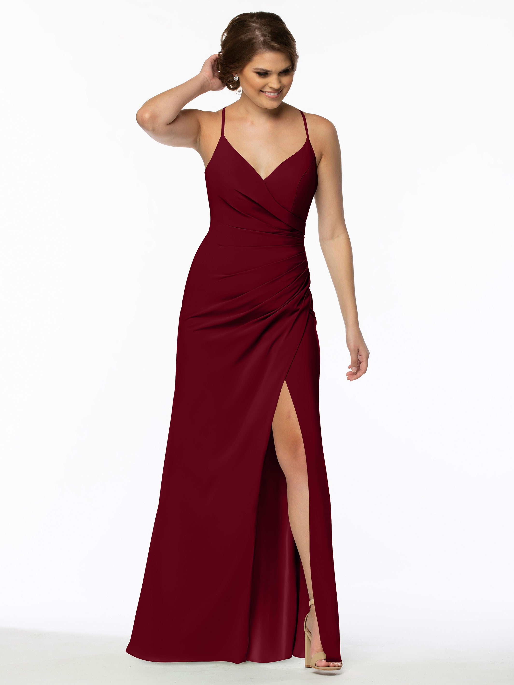 Elegant 80114 Stretch Chiffon Sheath Bridesmaid Dress with Ruching and High Slit - Perfect for Weddings, Formal Events & Evening Parties