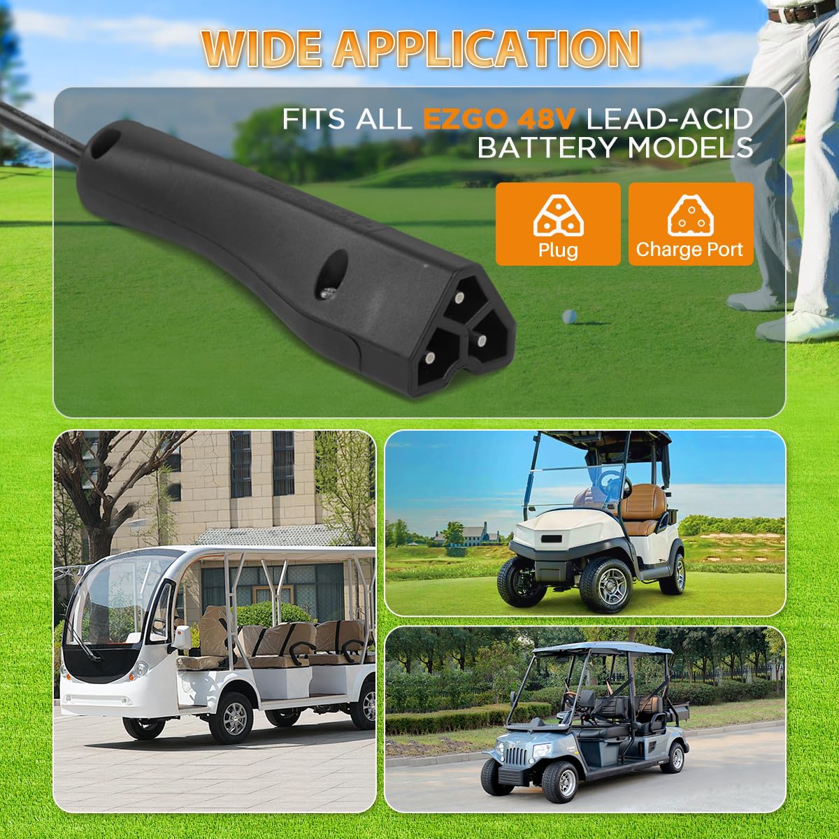 48V EZGO Golf Cart Charger 15AMP with LCD Display - Compatible with EZGO RXV & TXT Models - 16FT Cable & 3-Pin Triangular Plug - Lead-Acid Battery Charger for Home, Golf Course & RV Use