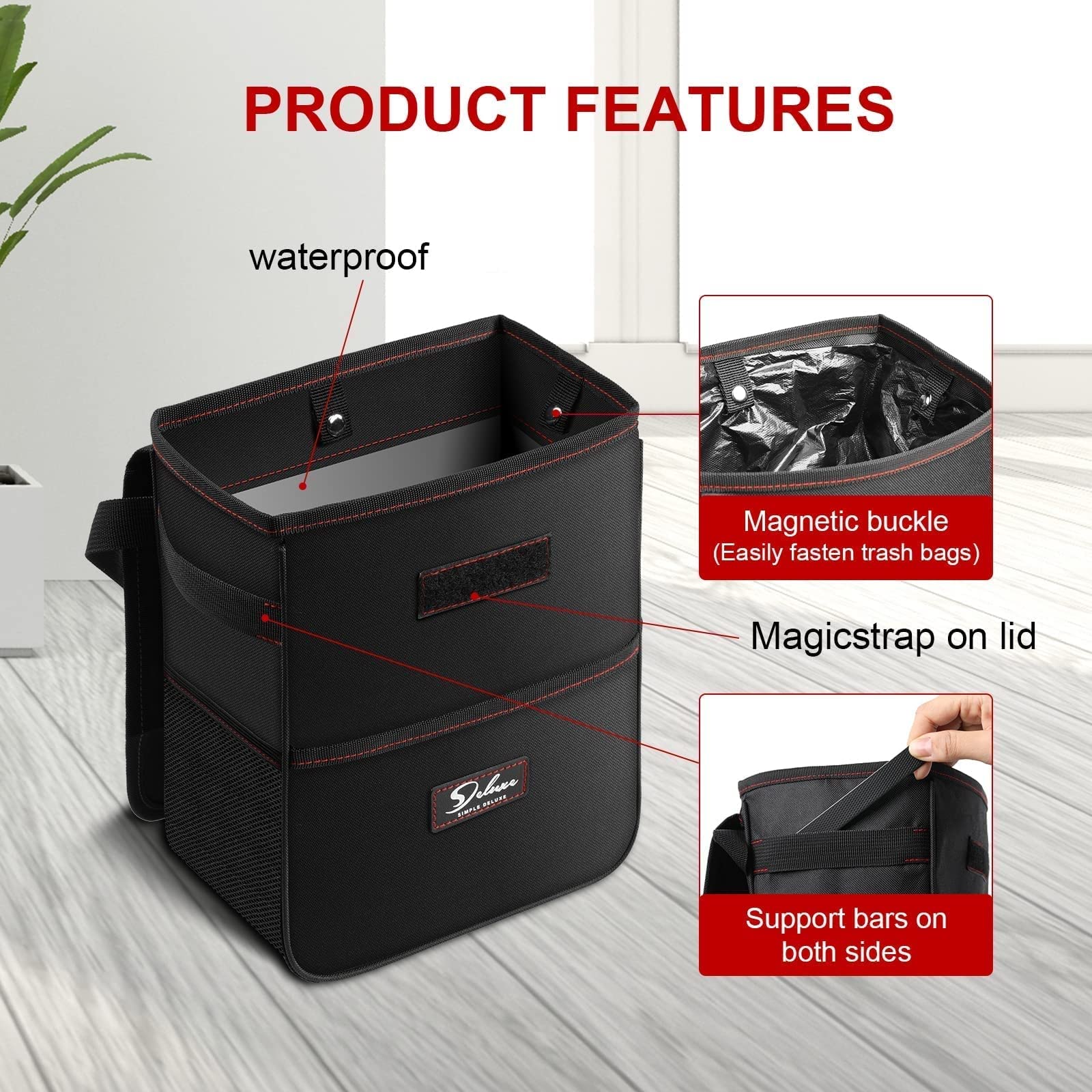 Simple Deluxe 2 Pack Leak-Proof Car Trash Can with Lid & Storage Pockets - Adjustable Straps, Collapsible & Waterproof 2 Gallon Auto Garbage Bin for SUV, Truck, Road Trips & Travel Accessories - Black