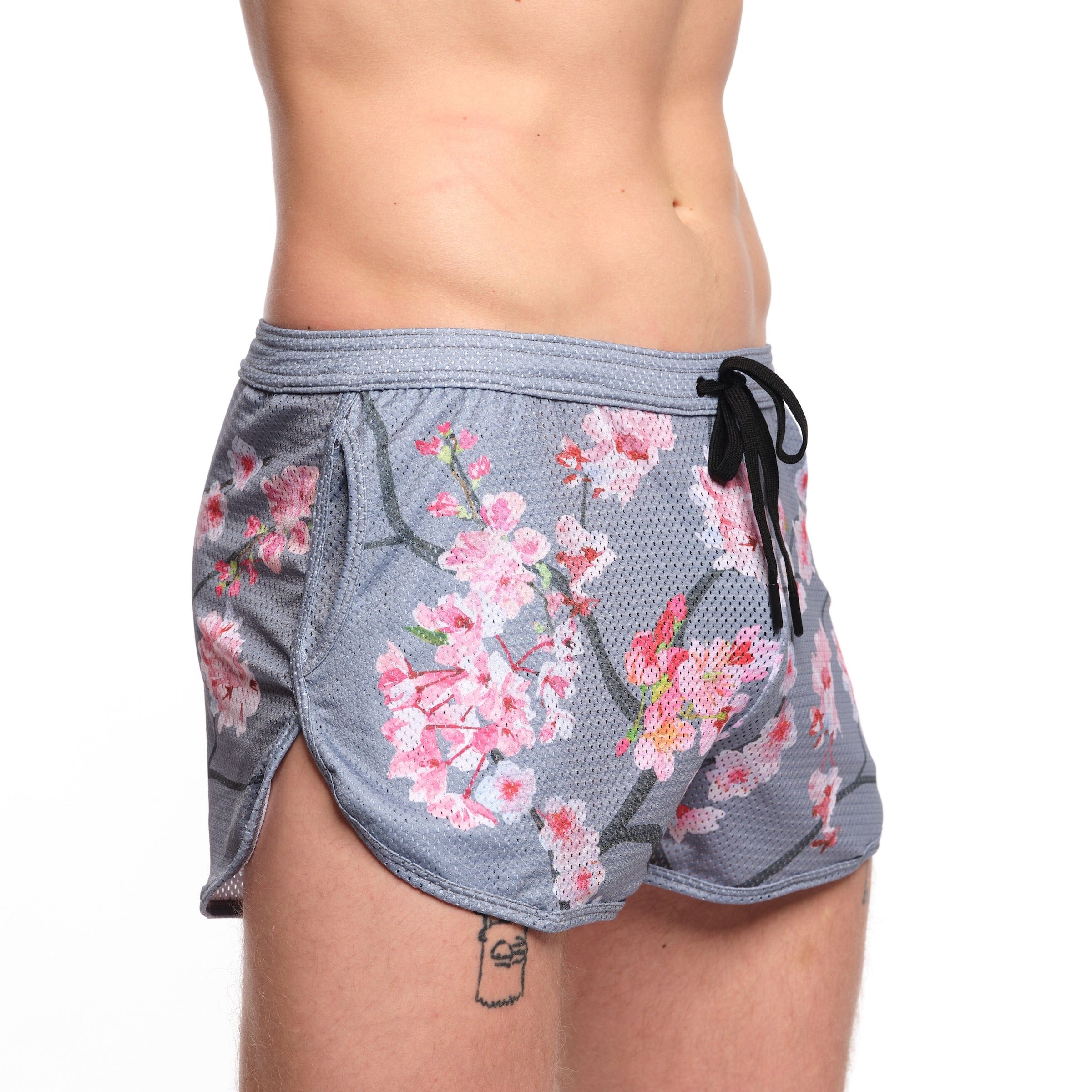 Cherry Blossom Mesh Shorts for Women - Soft Breathable Grey Athletic Shorts with Pockets | Perfect for Running, Yoga & Summer Workouts