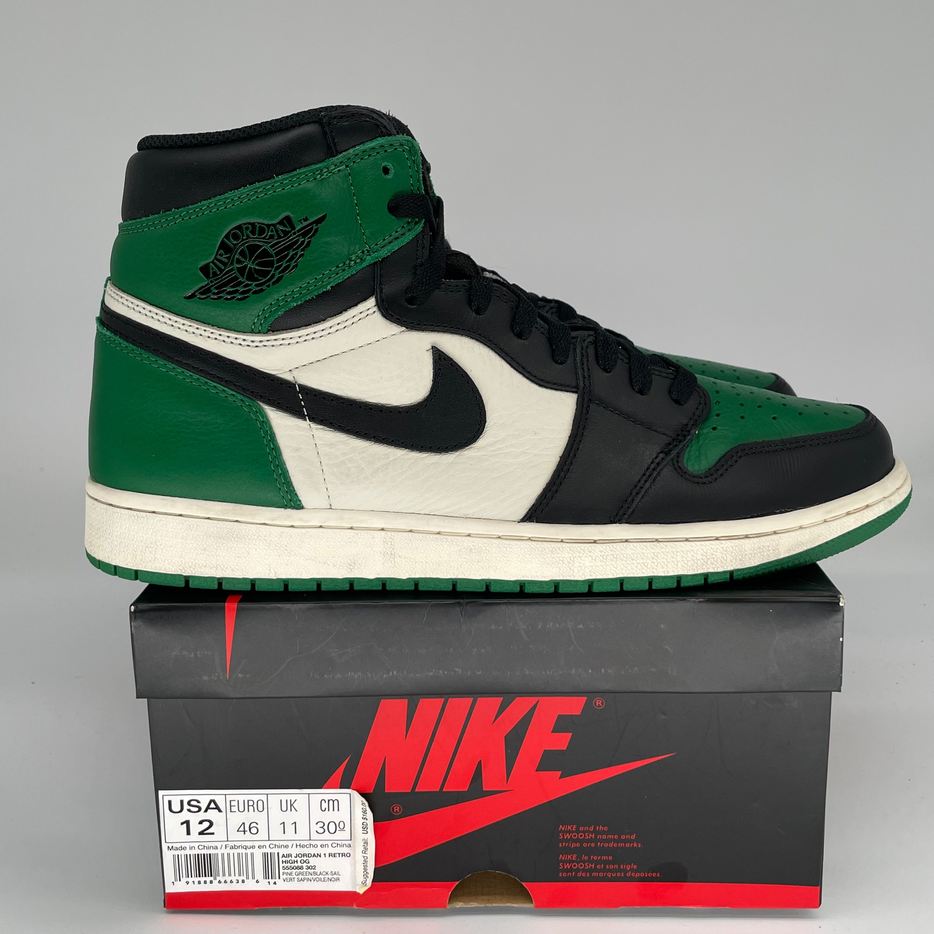 AIR JORDAN 1 Retro High OG Pine Green Men's Basketball Shoes Size 12 (555088-302) - Perfect for Sneaker Collectors & Streetwear Fashion