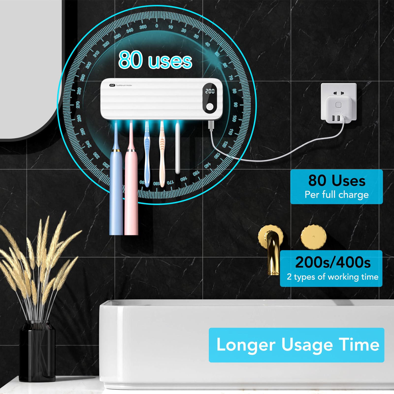 StarWin UV Toothbrush Sanitizer & Holder - 5 Slot Wall Mounted Bathroom Organizer with Timer, Cordless & No Drilling Needed | Perfect for Family Oral Hygiene, Travel & Small Space Storage