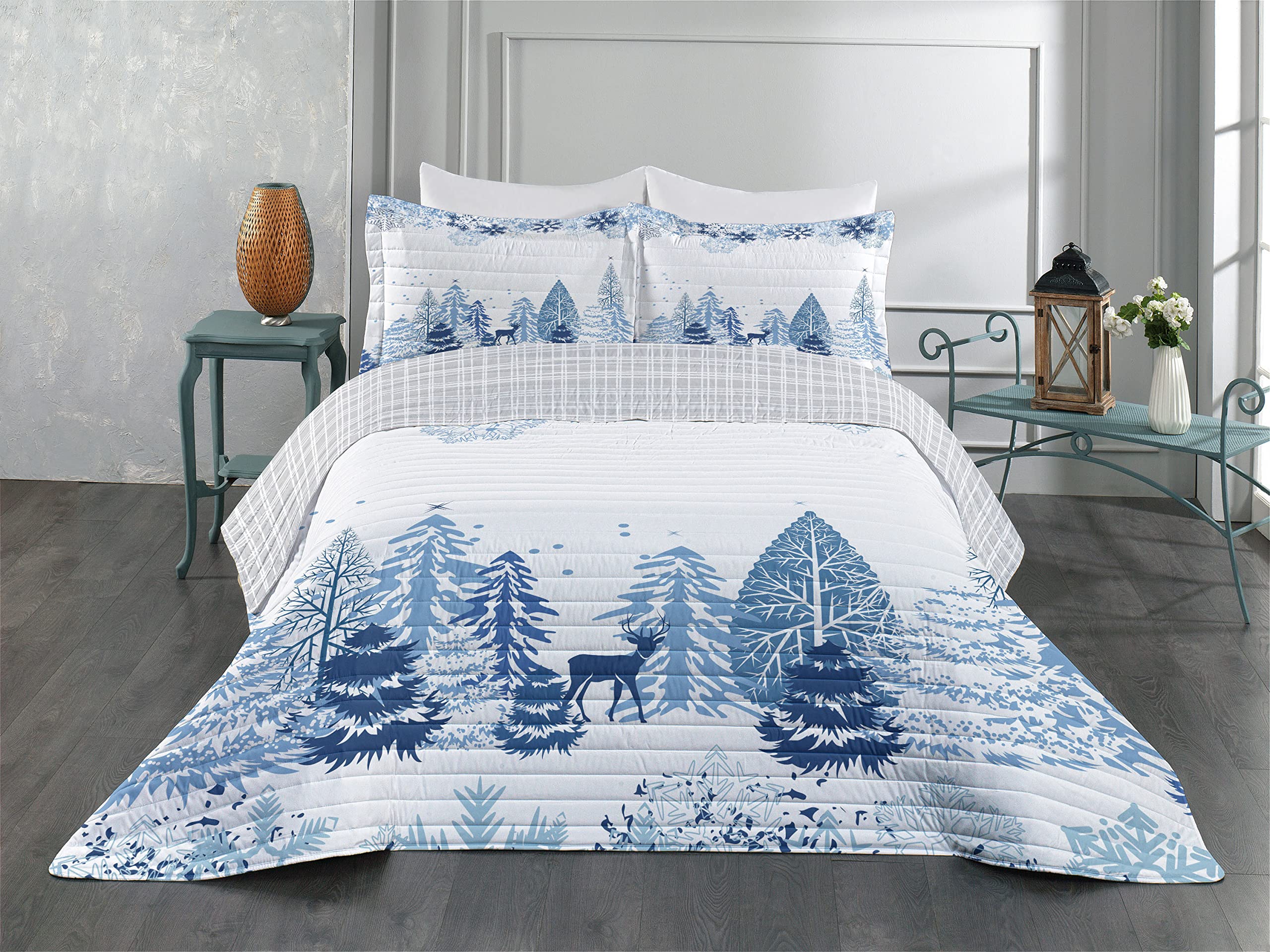 Ambesonne Winter Reversible King Size Bedspread Set - Blue White Microfiber Comforter with Deer, Snowy Trees & Christmas Pine Design | Includes Pillow Shams | Perfect for Holiday Decor & Cozy Winter Bedroom