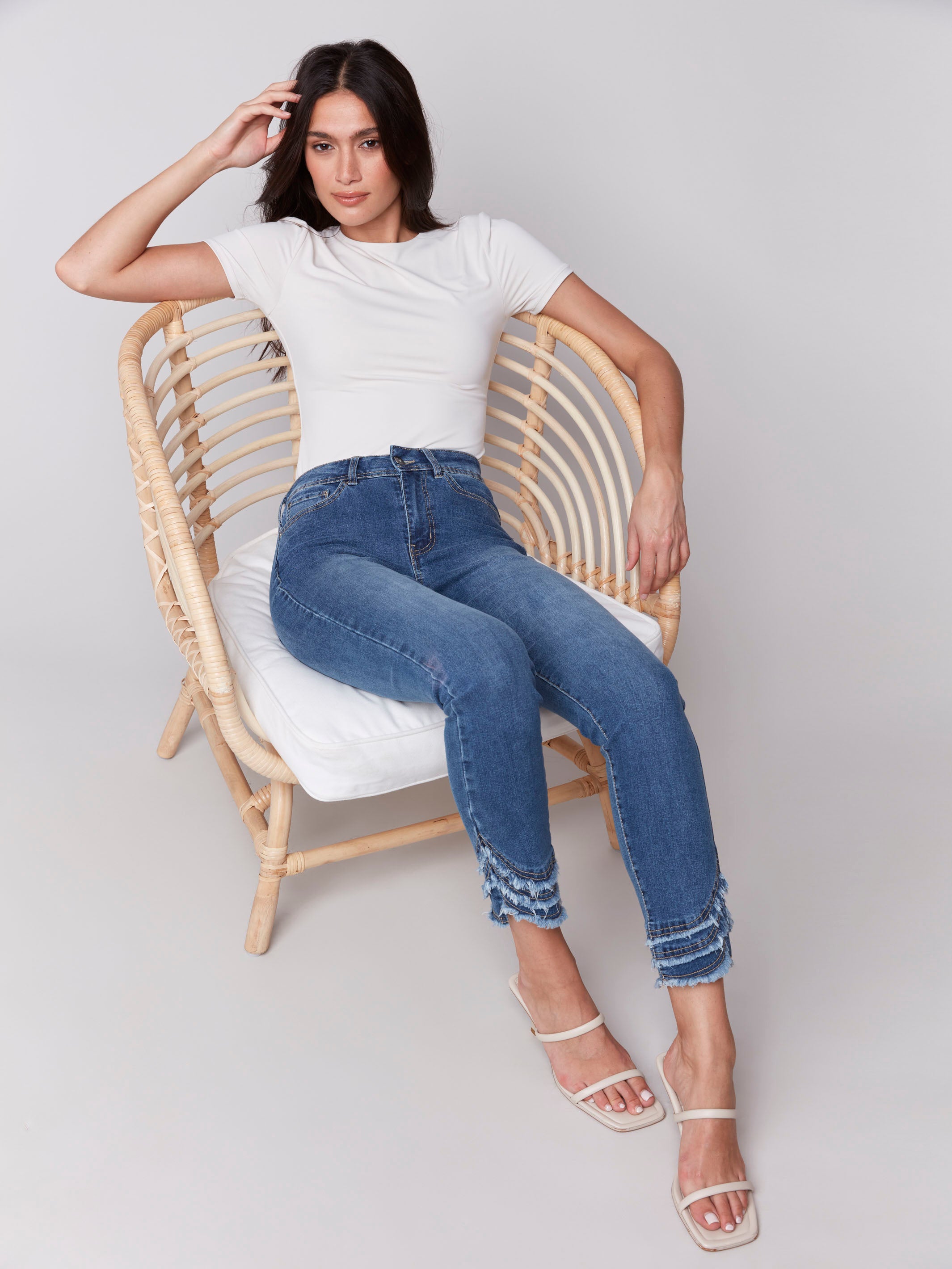 Distressed Frayed Hem Denim Jeans for Women - Medium Blue Washed Vintage Style - Perfect for Casual Outfits, Streetwear & Boho Fashion
