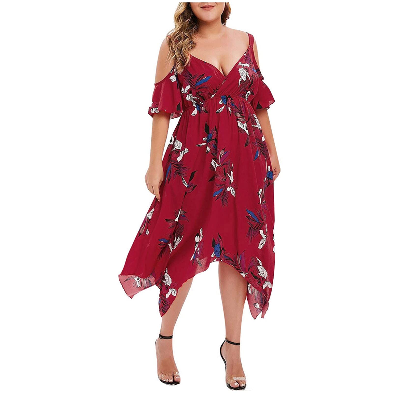 Floral Print Plus Size Maxi Dress for Women - V-Neck Handkerchief Hem Open Shoulder Summer Dress | Beach Wear, Vacation Outfit, Casual Party Dress