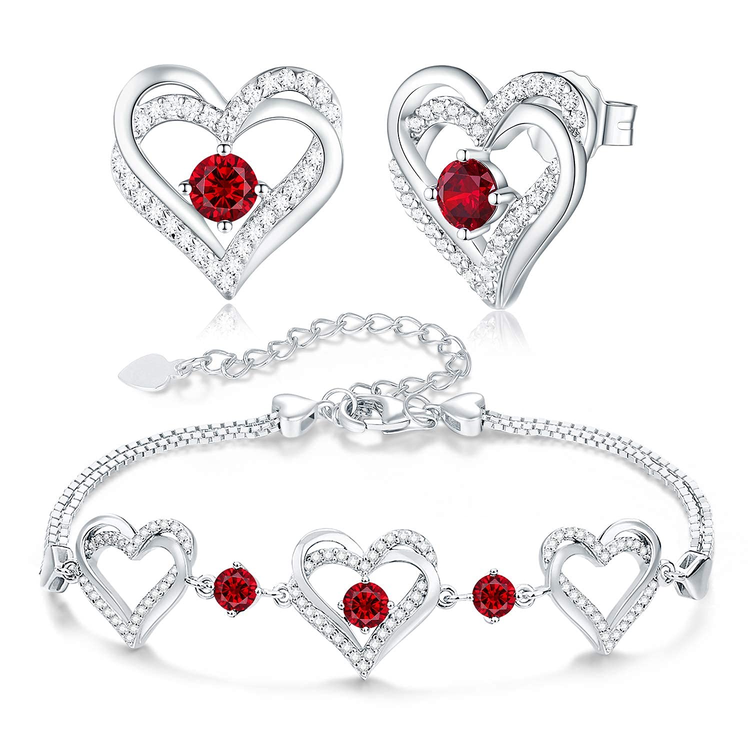 Forever Love Heart Birthstone Bracelet & Earrings Set for Women - 925 Sterling Silver Valentine's Day, Birthday Gift for Mom, Wife, Girlfriend | Romantic Occasions, Anniversary, Mother's Day