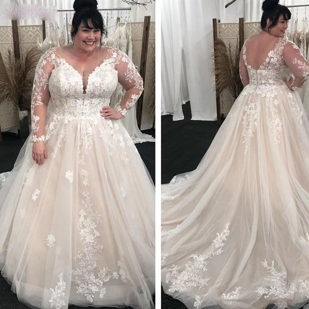 Elegant V-Neck Long Sleeve Lace Wedding Dress - Ball Gown Tulle Bridal Gown for Bride | Perfect for Church Ceremonies, Formal Weddings & Romantic Photos