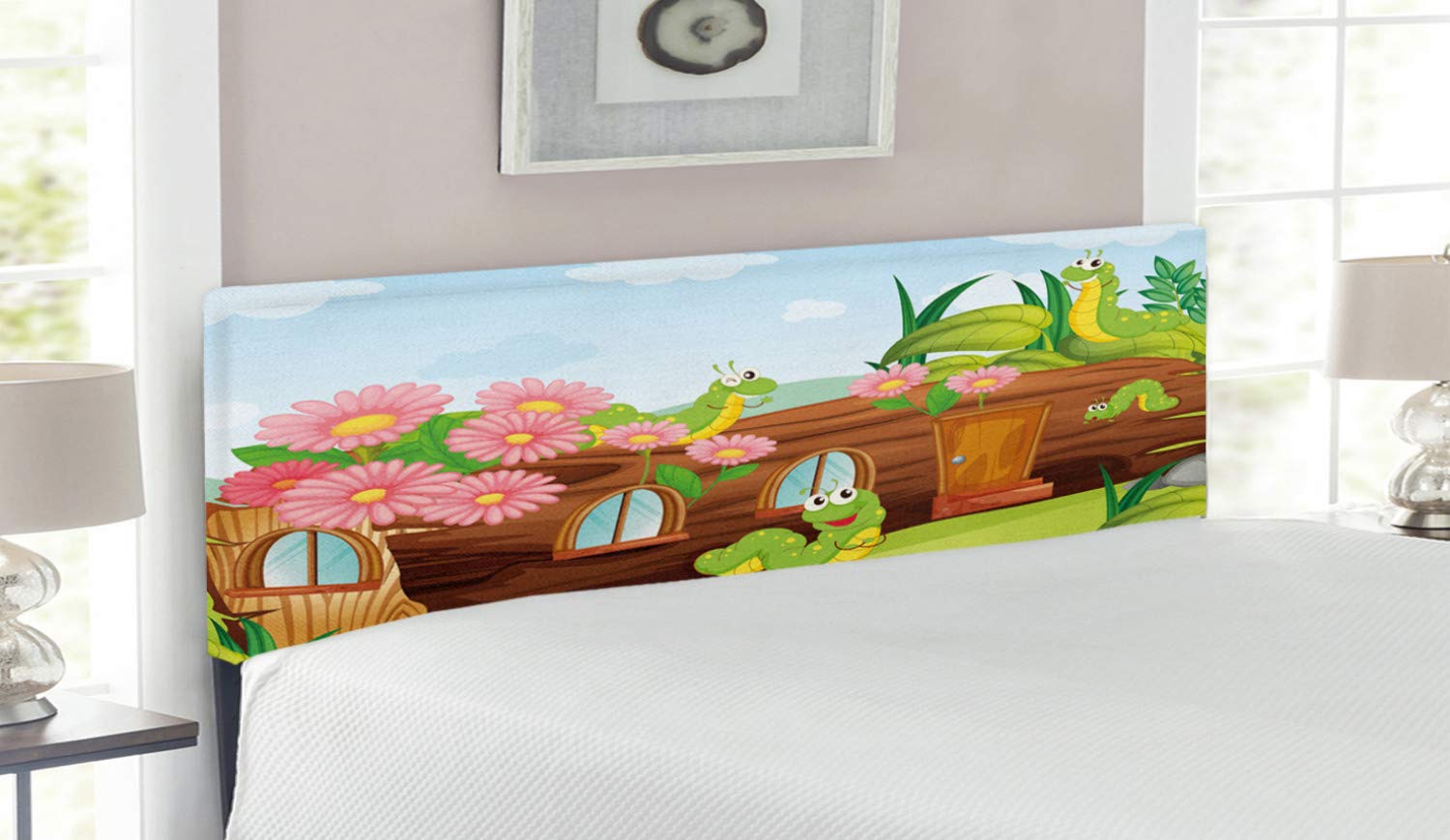 Ambesonne Queen Size Upholstered Headboard with Memory Foam - Friendly Smiling Worms in Wooden Tree House Animal Design, Apple Green & Chocolate - Perfect for Kids' Bedrooms, Nursery Decor & Whimsical Home Interiors