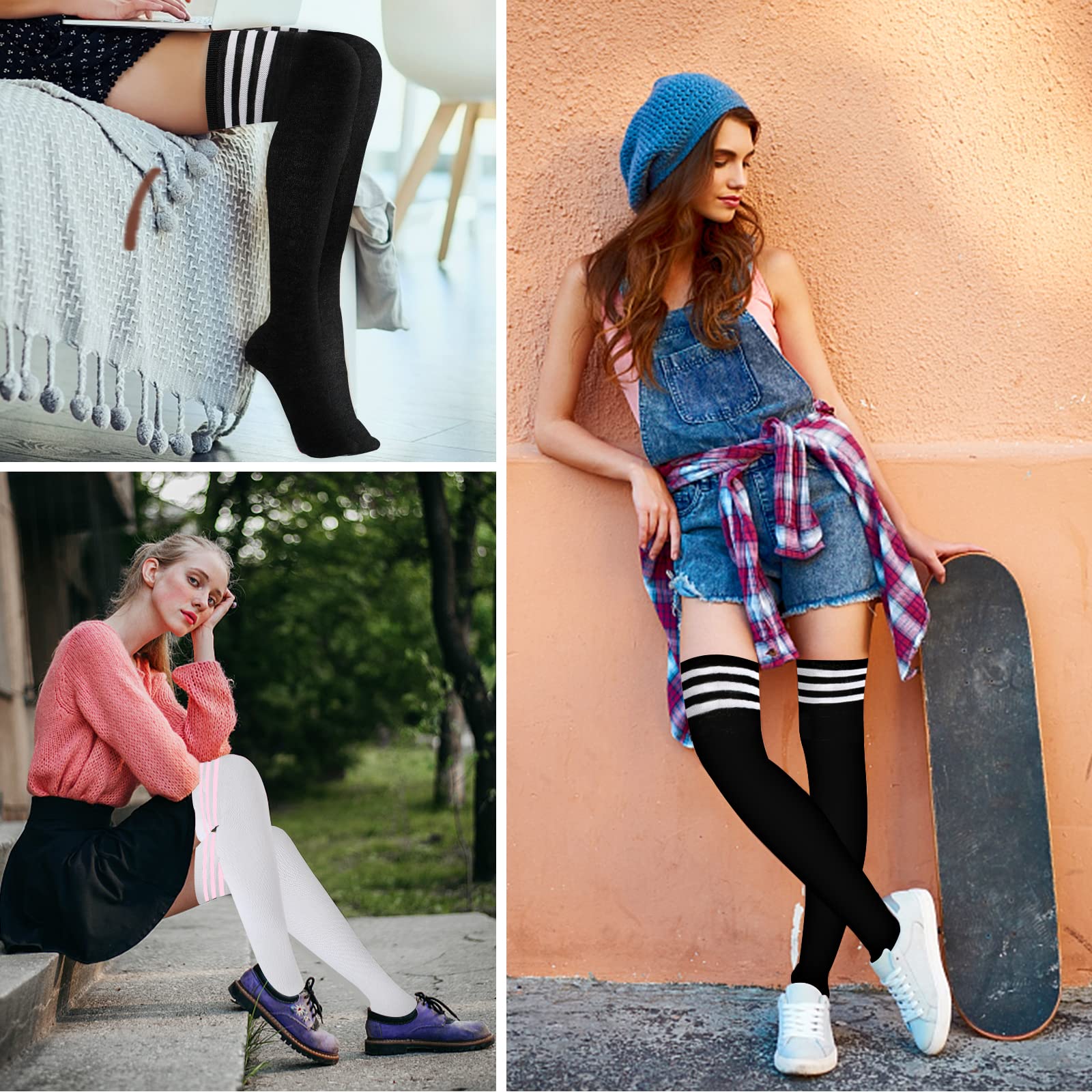 YOGINGO 2 PCS Thigh High Socks for Women - Cotton Striped Over Knee Socks for Daily Wear & Cosplay