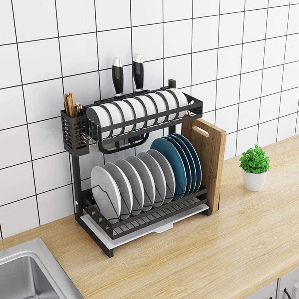 Stainless Steel Dish Drying Rack with Removable Tray & Knife Holder - Space Saving Kitchen Sink Drainer with Chopping Board Hooks - Perfect for Countertop Organization & Utensil Drying After Washing